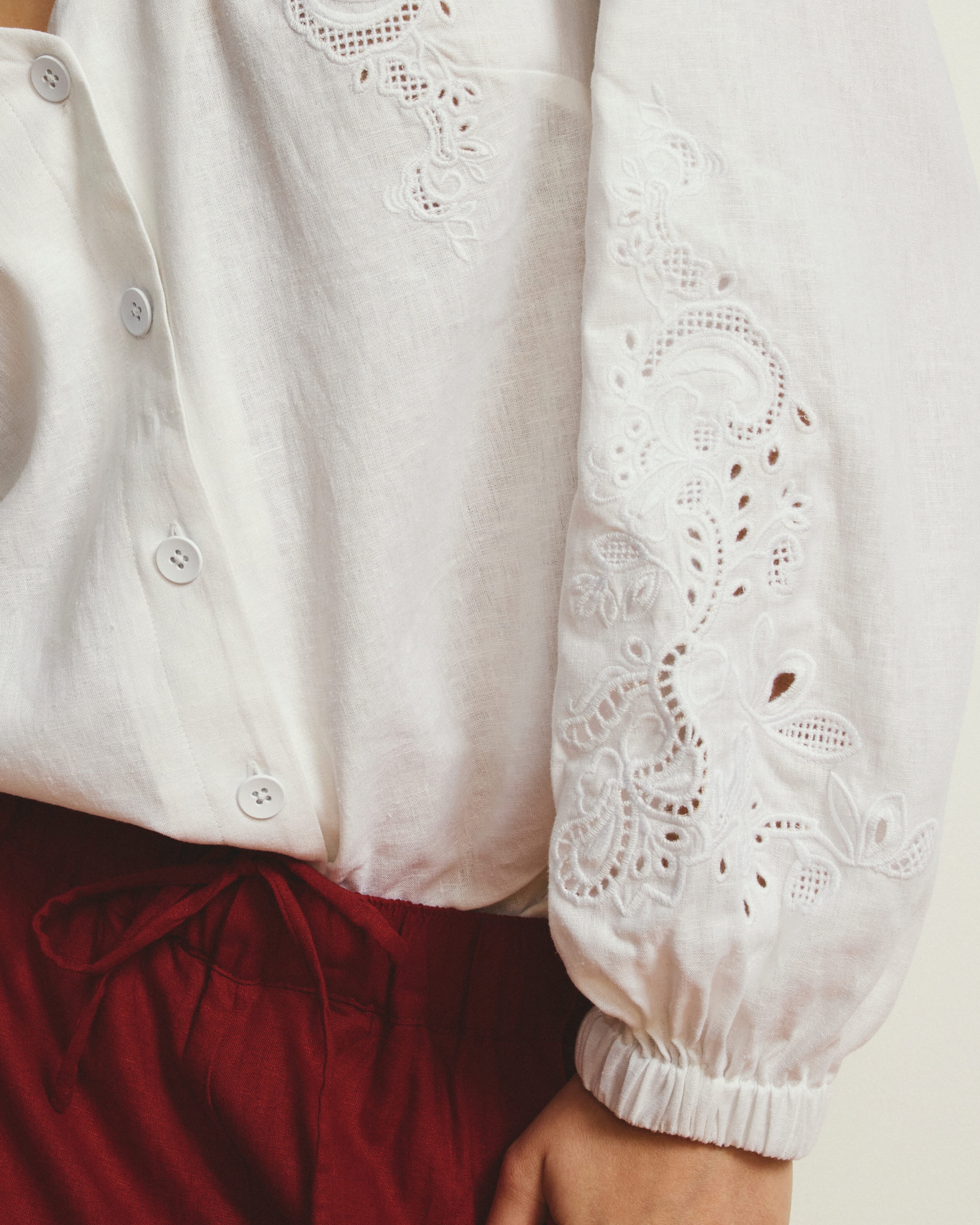 Frances Embroidered Linen Blend Blouse - White