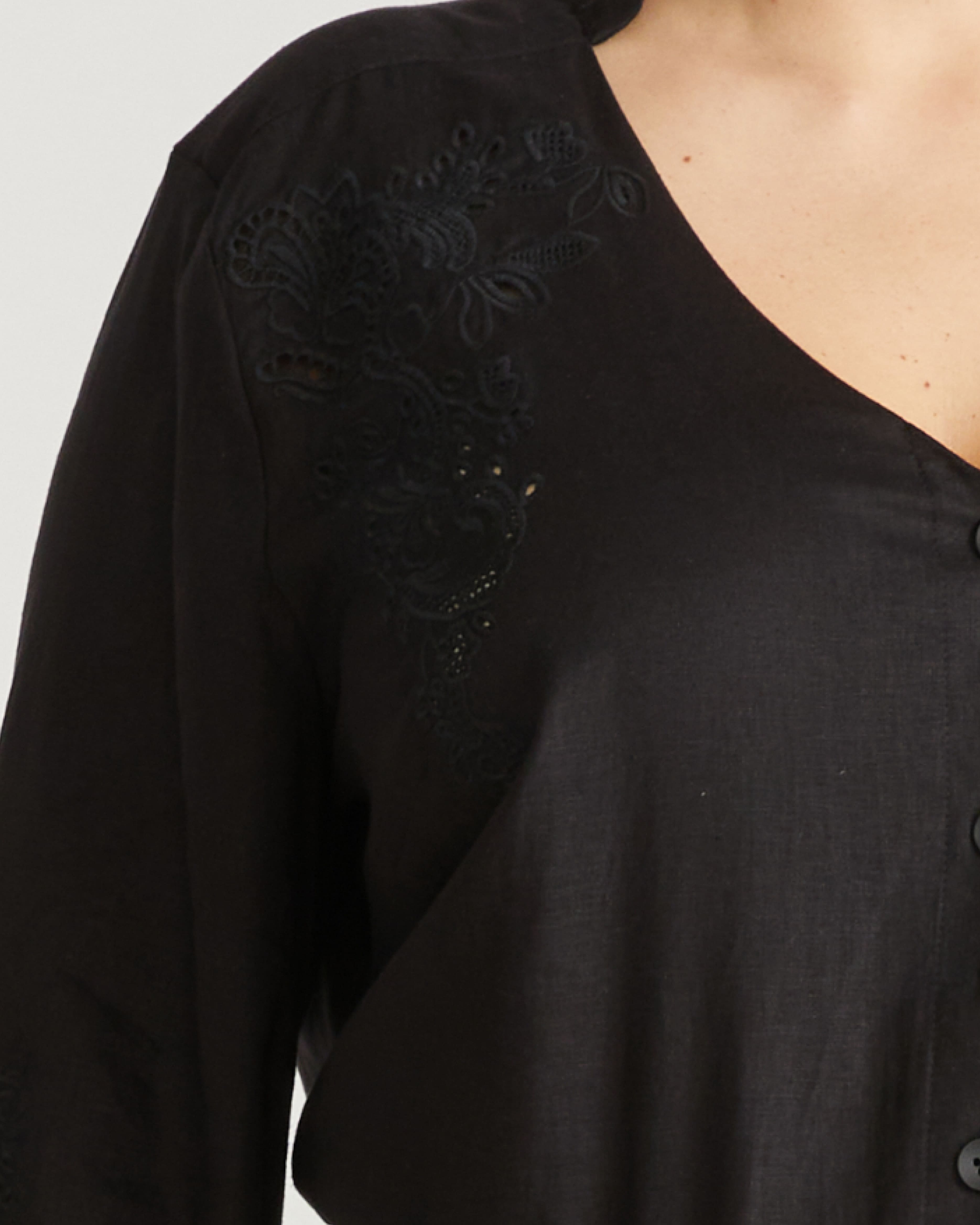 Frances Embroidered Linen Blend Blouse - Black