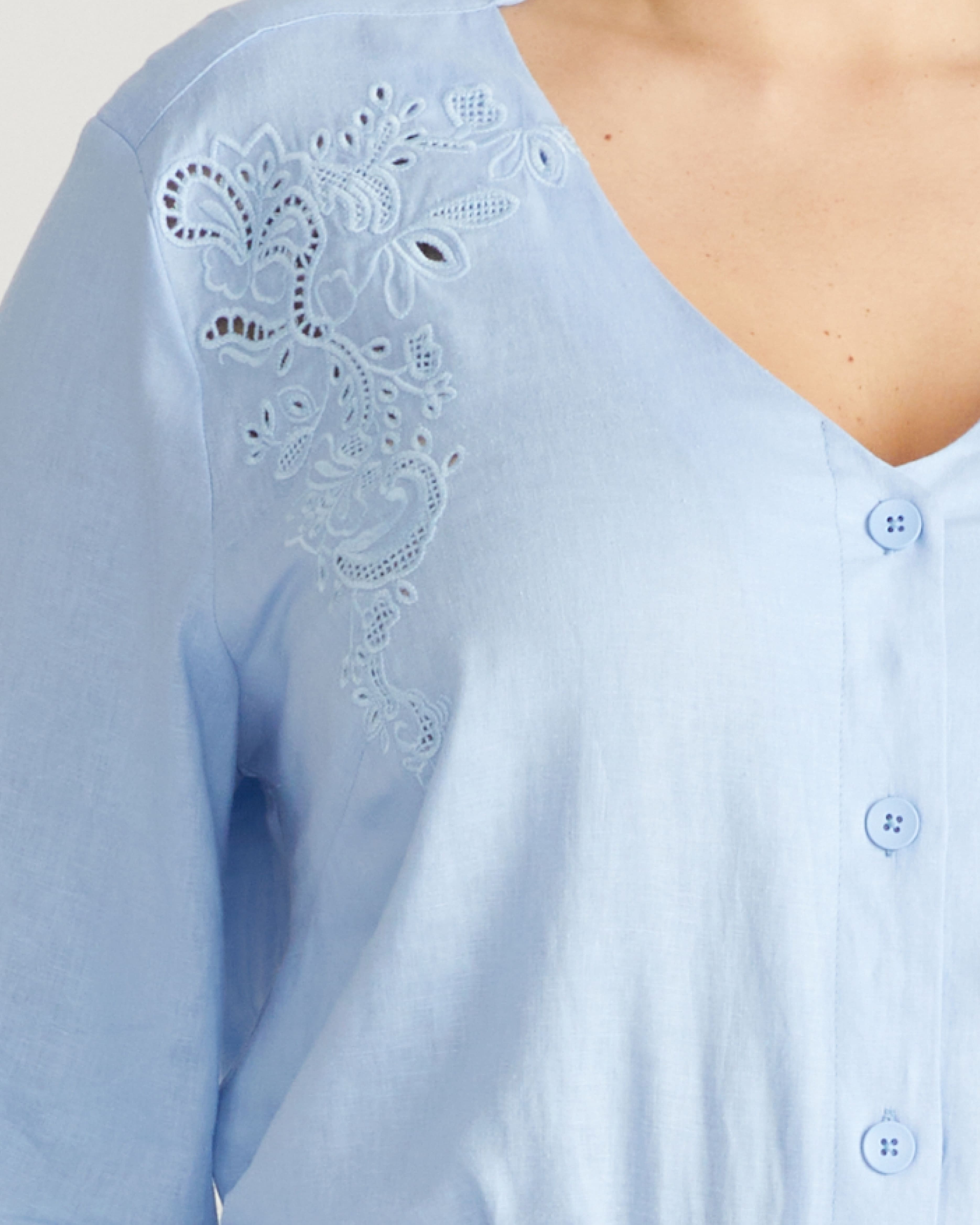 Frances Embroidered Linen Blend Blouse - Cielo Blue