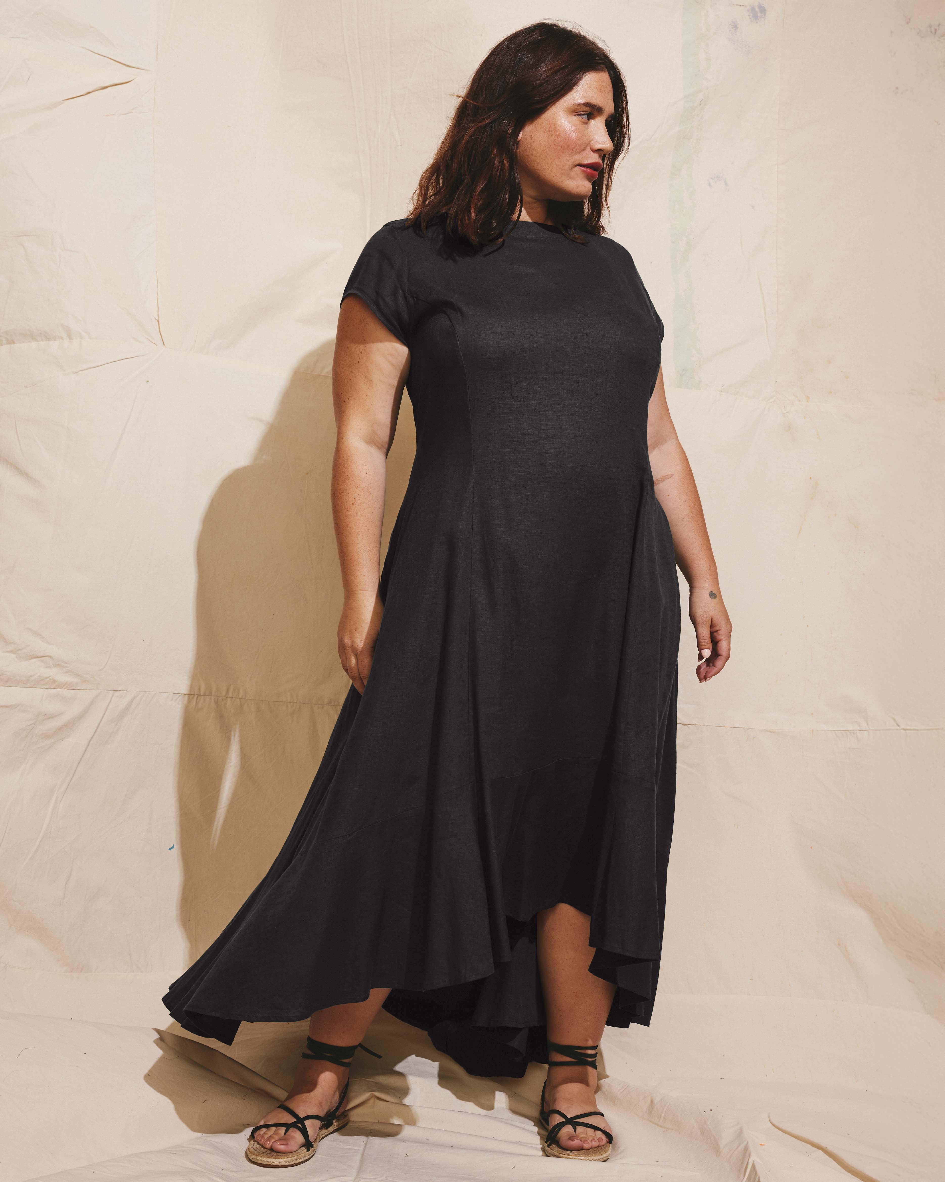 Sunset Linen Blend Flounce Dress - Black