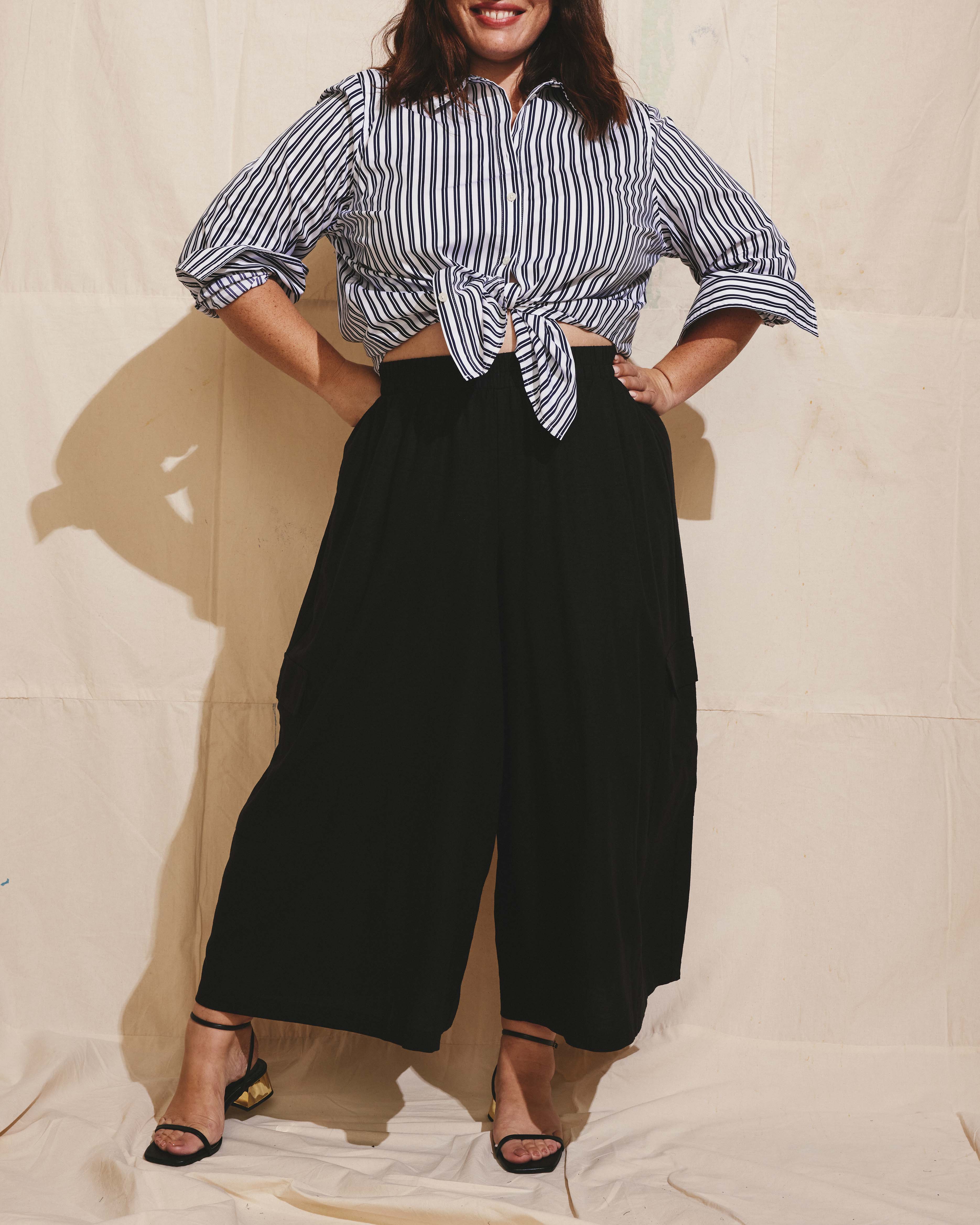 Palazzo Cargo Linen Blend Pant - Black