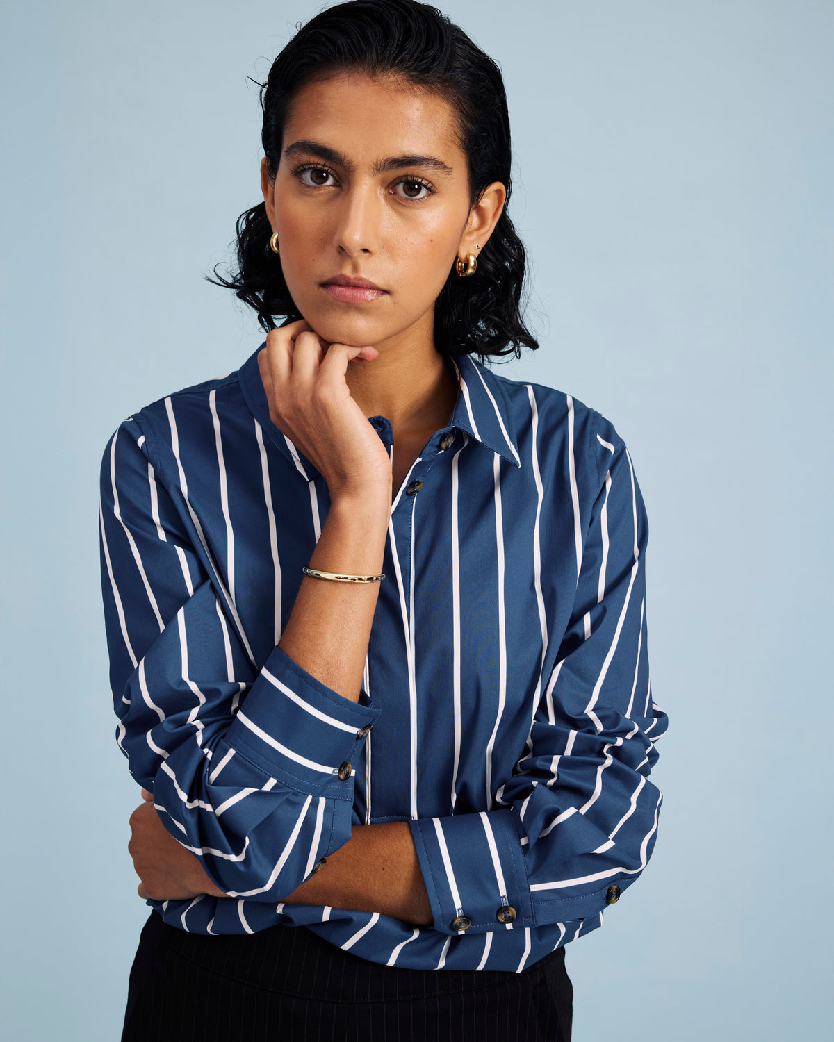 Elbe Stretch Poplin Shirt Classic Fit - Ensign Blue/White Stripe
