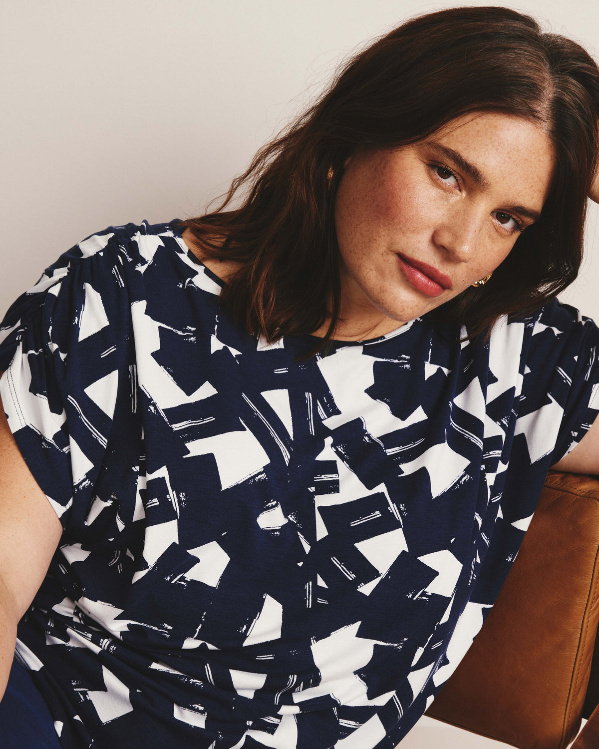 Helena Divine Jersey Gathered Tee - Navy Santiago Print