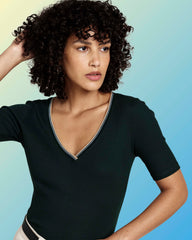 Classic V-Neck Ribbed Tee - Forest Green/Striped Trim
