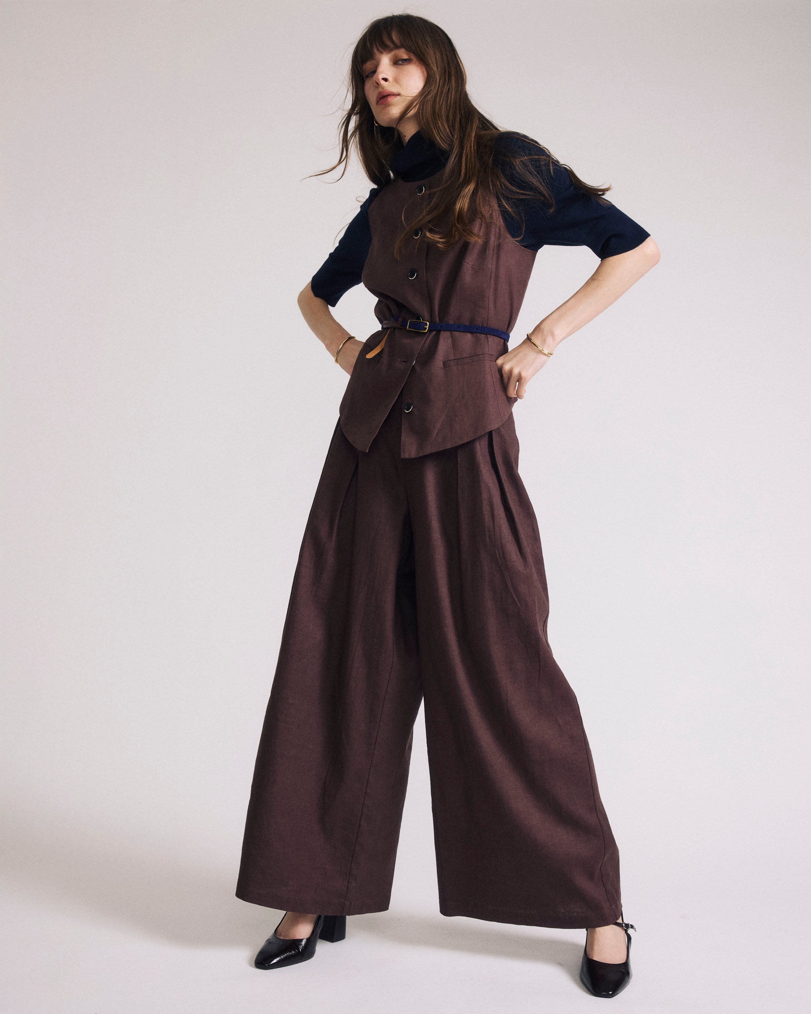 Palais Stretch Linen Blend Wide Leg Pant - Sophisticated Brown
