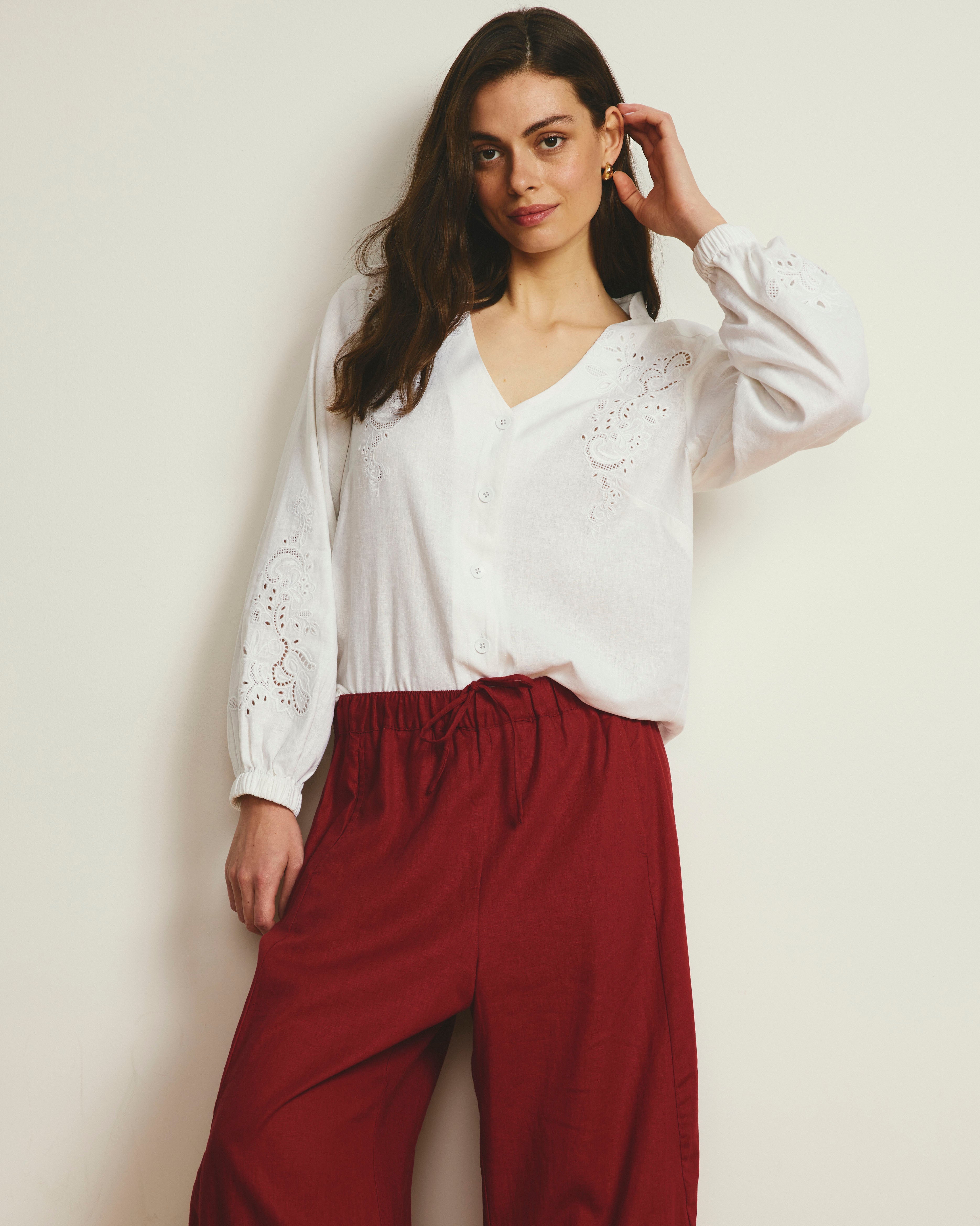 Frances Embroidered Linen Blend Blouse - White