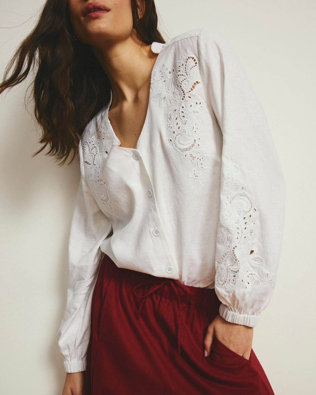 Frances Embroidered Linen Blend Blouse - White