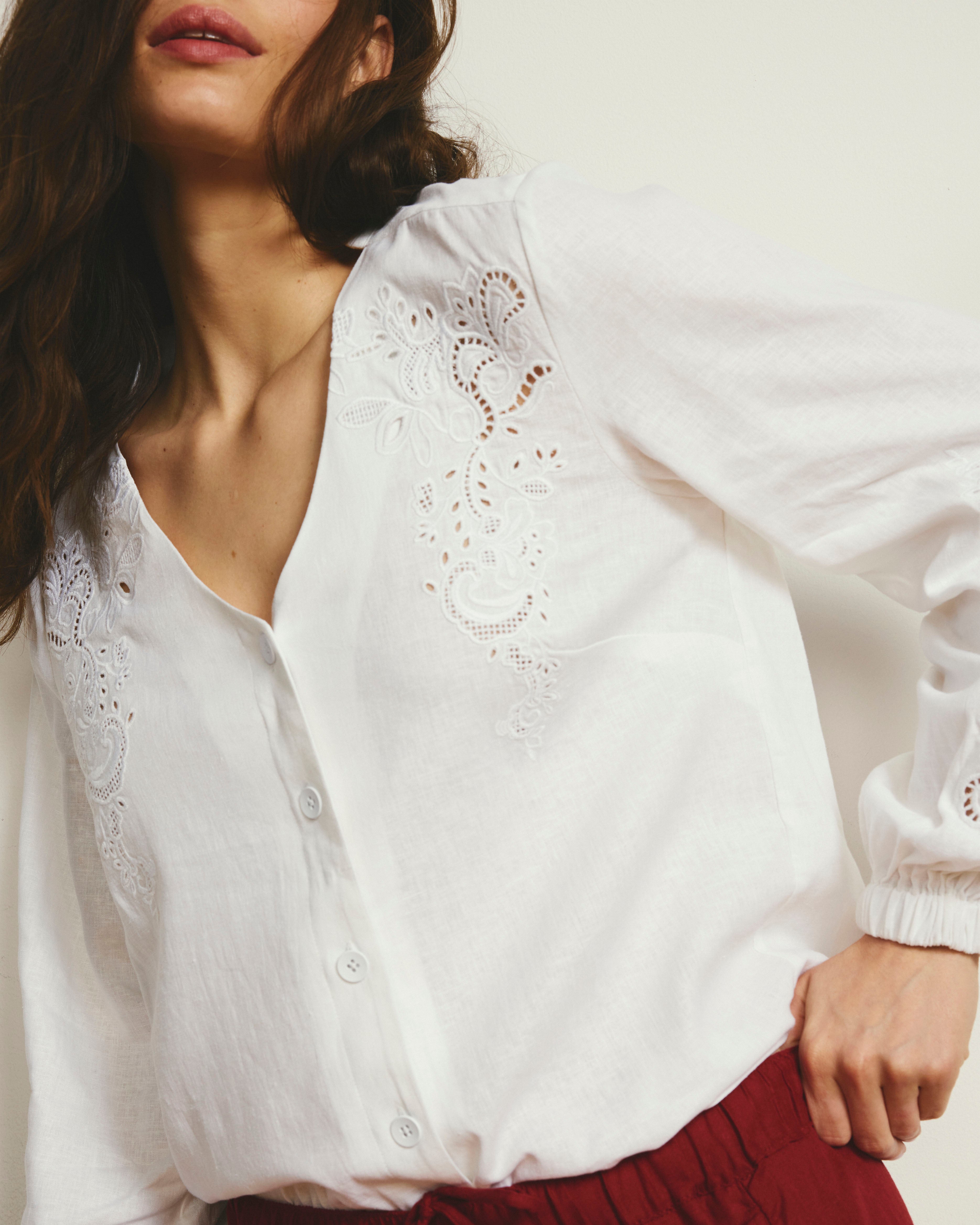 Frances Embroidered Linen Blend Blouse - White