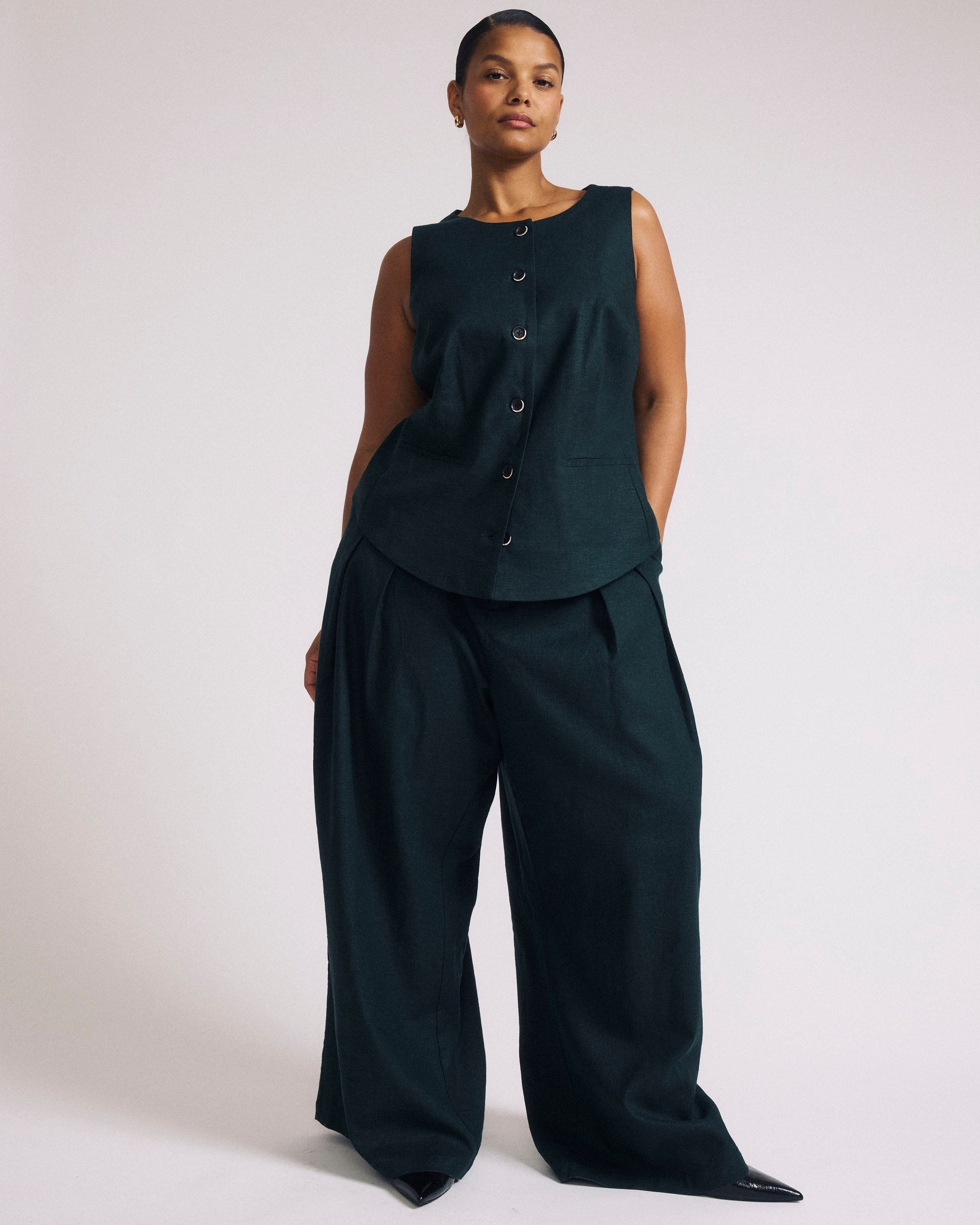 Tamsin Stretch Linen Blend Vest - Forest Green