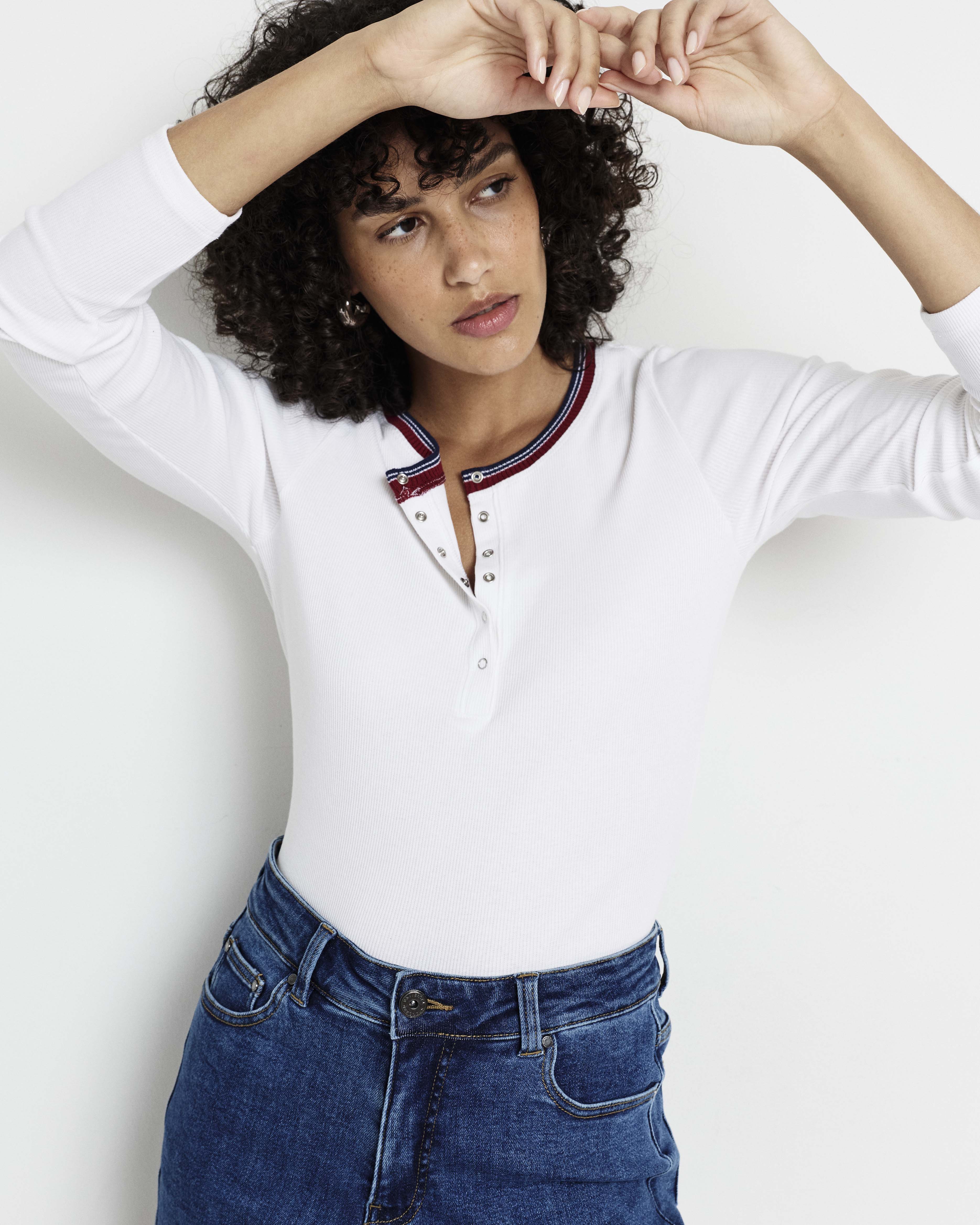Henley Long Sleeve Ribbed Tee - White/Striped Trim
