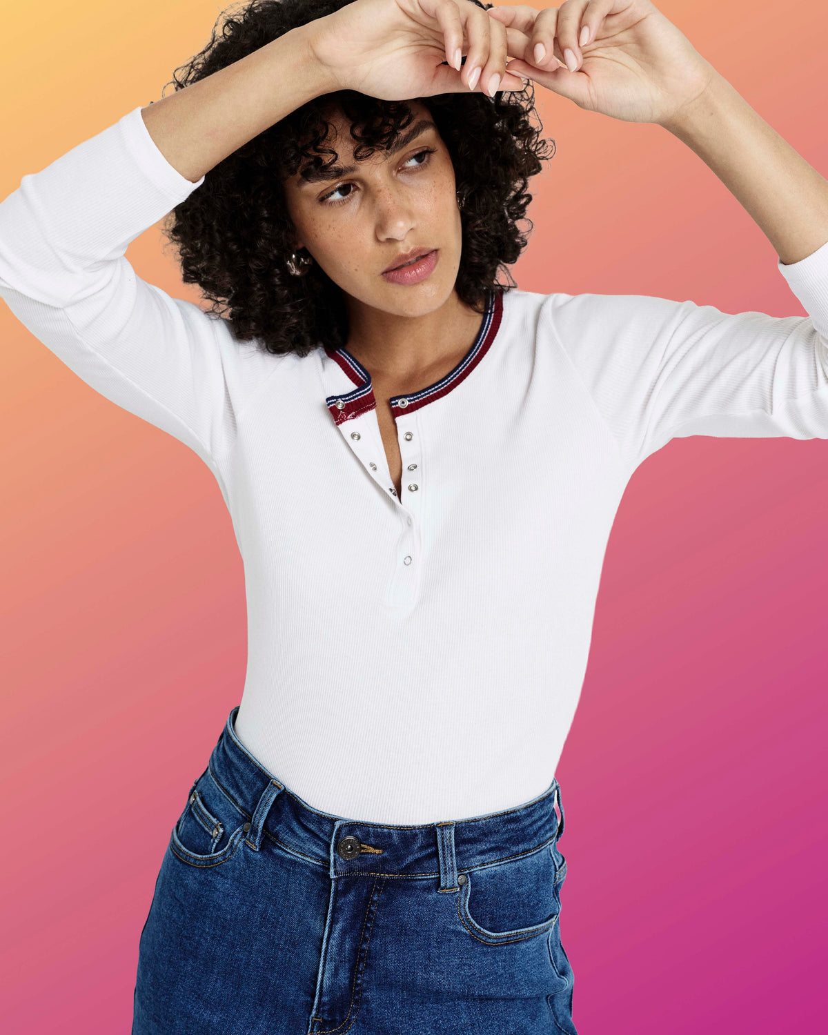 Henley Long Sleeve Ribbed Tee - White/Striped Trim