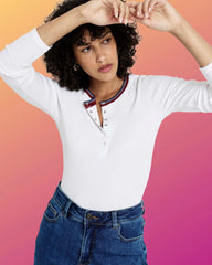 Henley Long Sleeve Ribbed Tee - White/Striped Trim