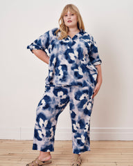 Iris Linen Blend Easy Pull-On Pants - Blue Pressed Flower Print
