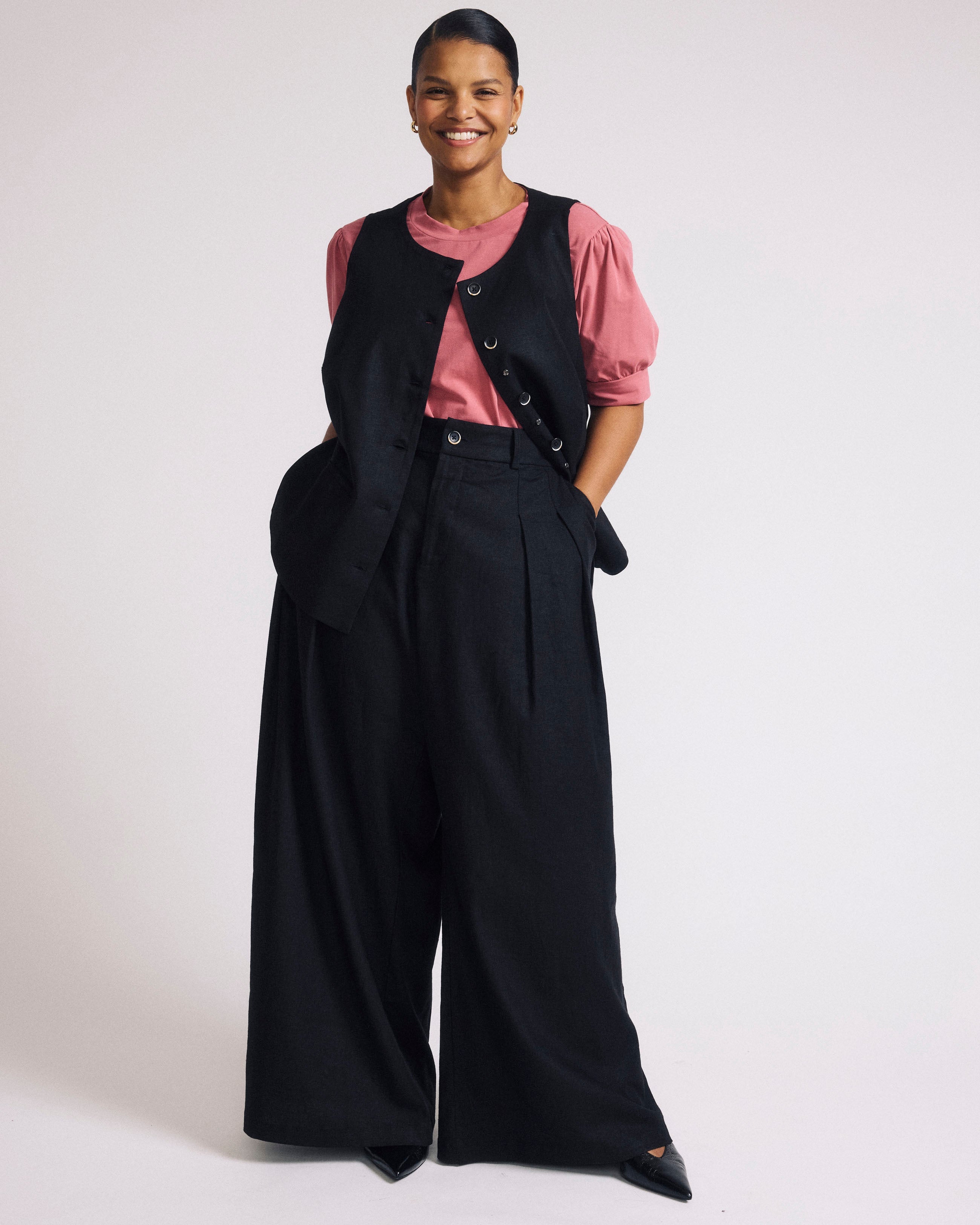 Palais Stretch Linen Blend Wide Leg Pant - Black
