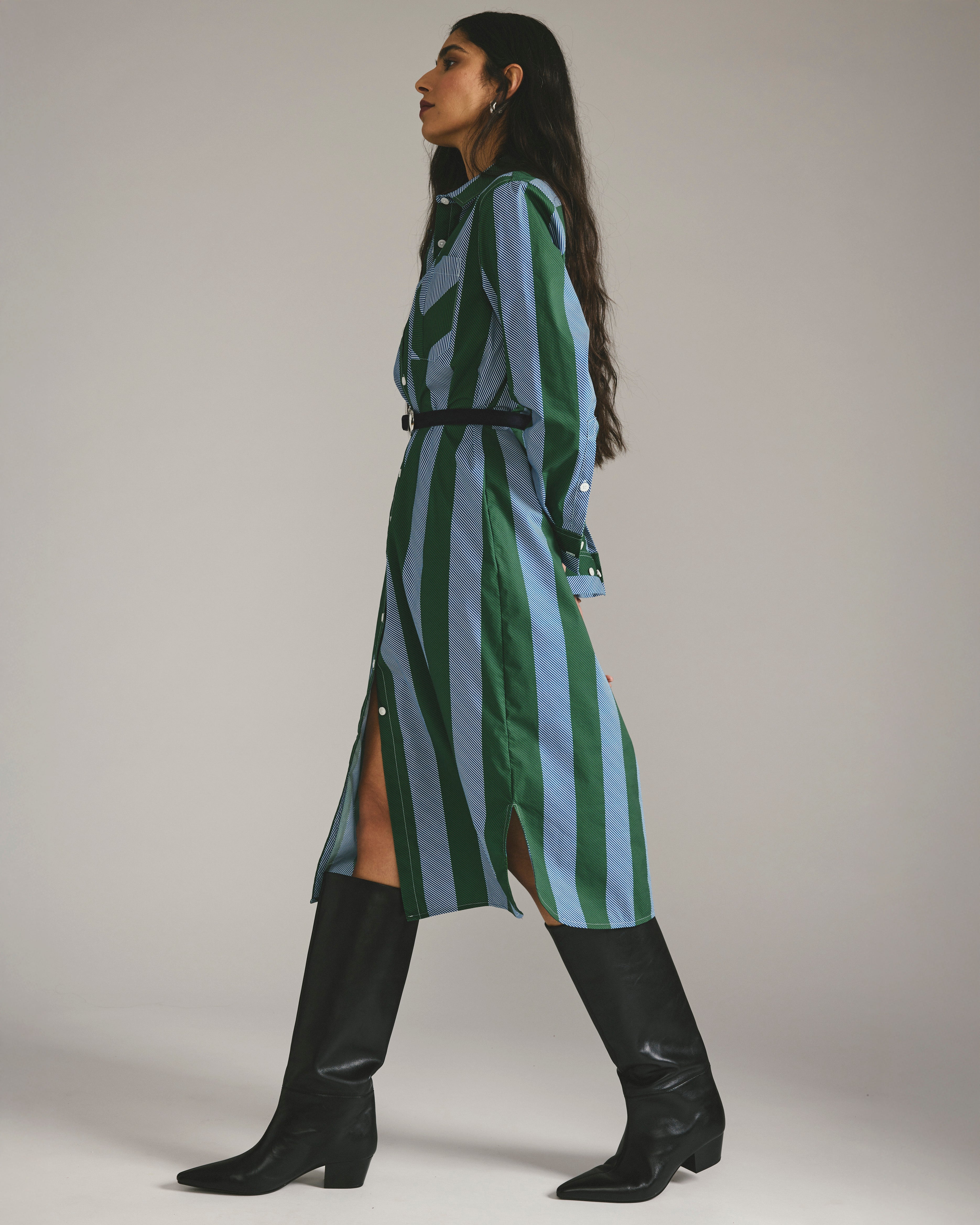 Odeon Stretch Poplin Shirtdress - Green/Blue Directional Stripe