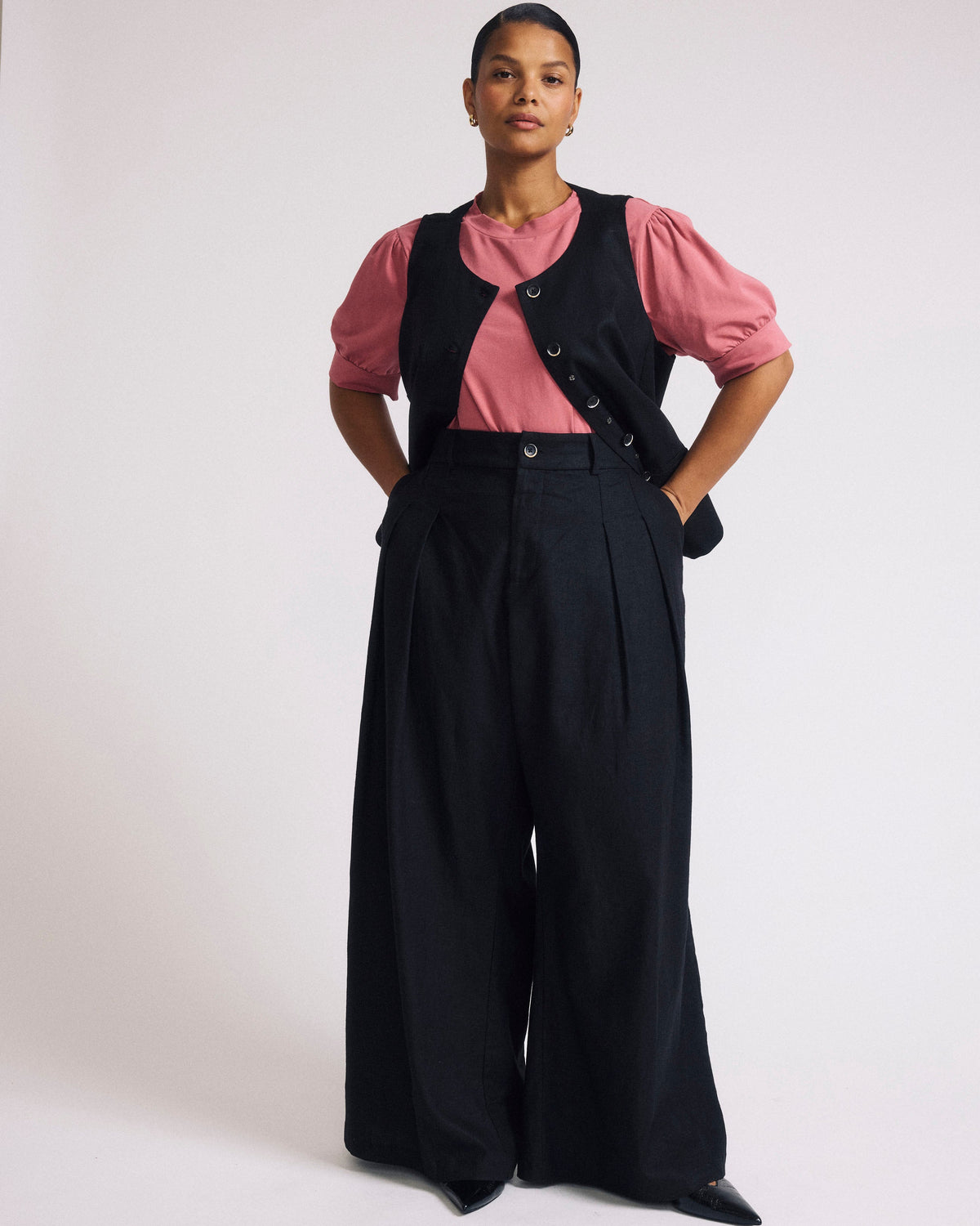 Palais Stretch Linen Blend Wide Leg Pant - Black