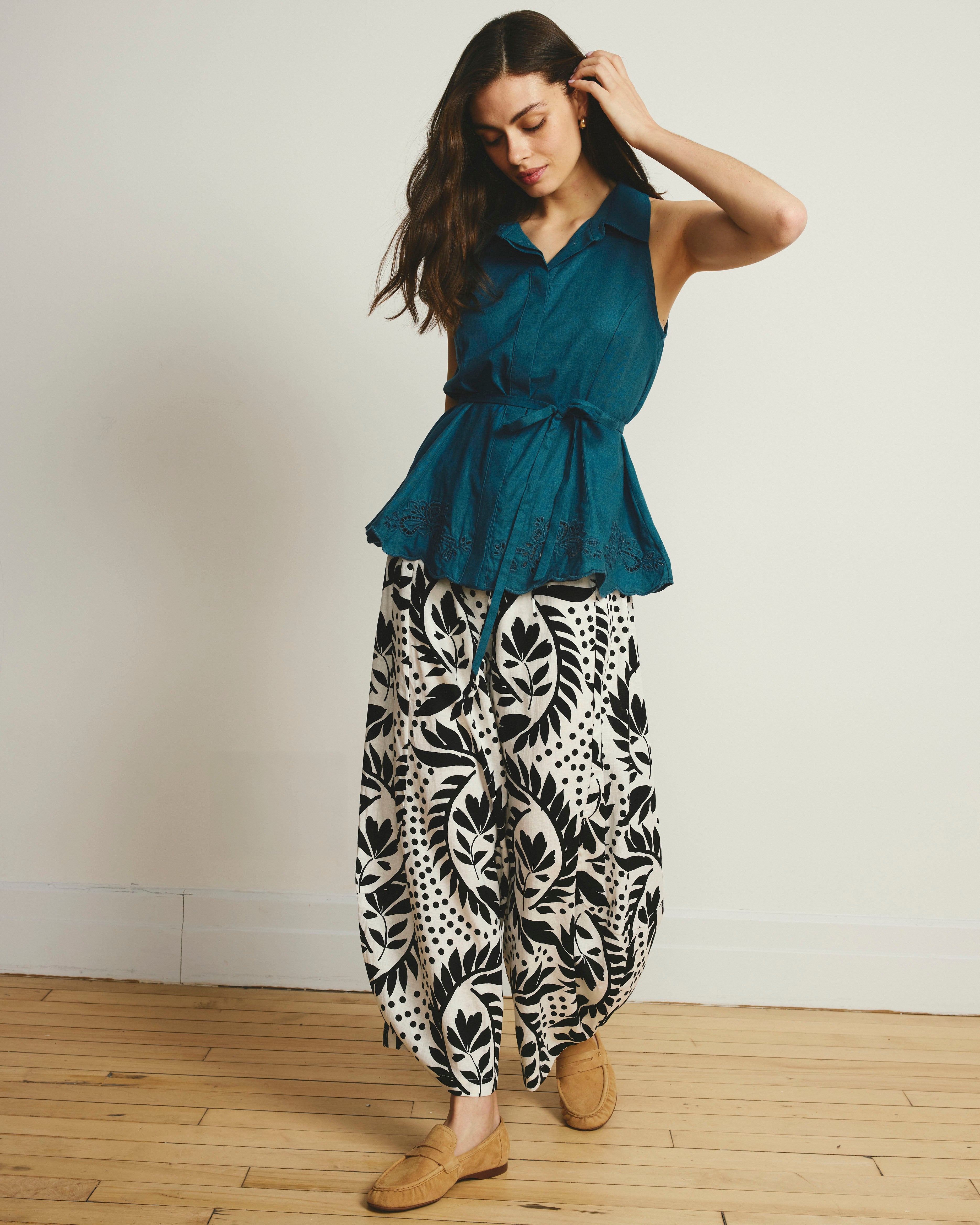 Cosma Barrel Leg Linen Blend Pants - Vine Print