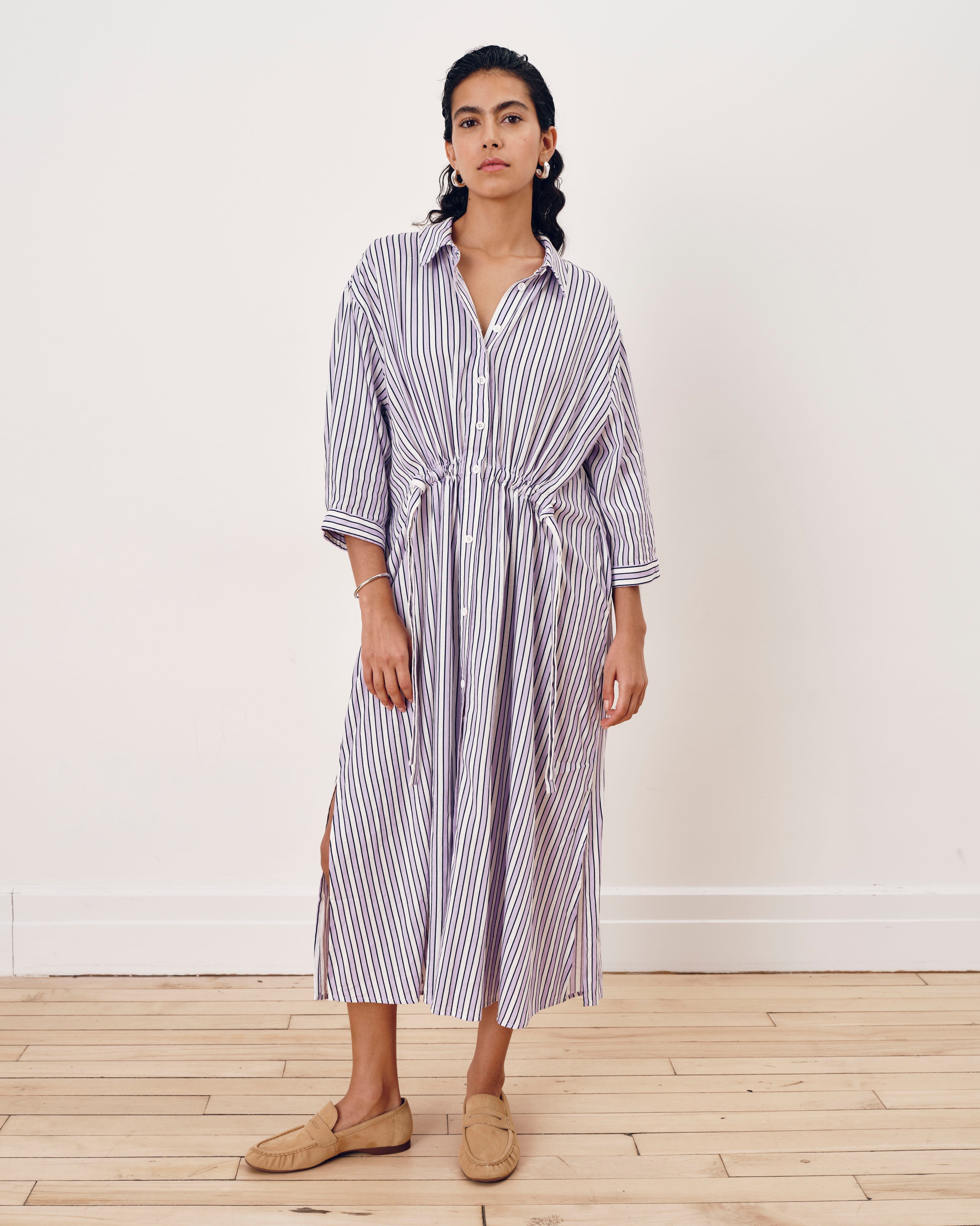 Paros Drawstring Linen Blend Shirtdress - Lilac Stripe Print