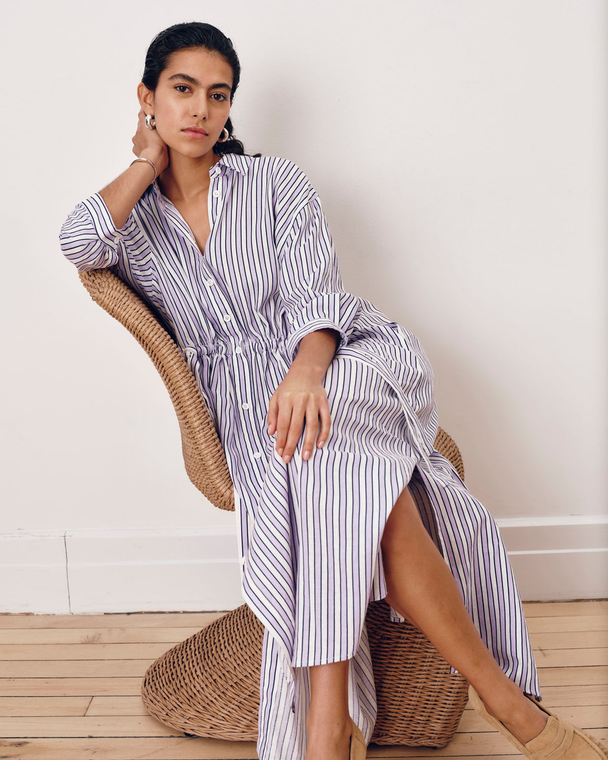 Paros Drawstring Linen Blend Shirtdress - Lilac Stripe Print