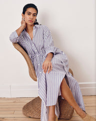 Paros Drawstring Linen Blend Shirtdress - Lilac Stripe Print