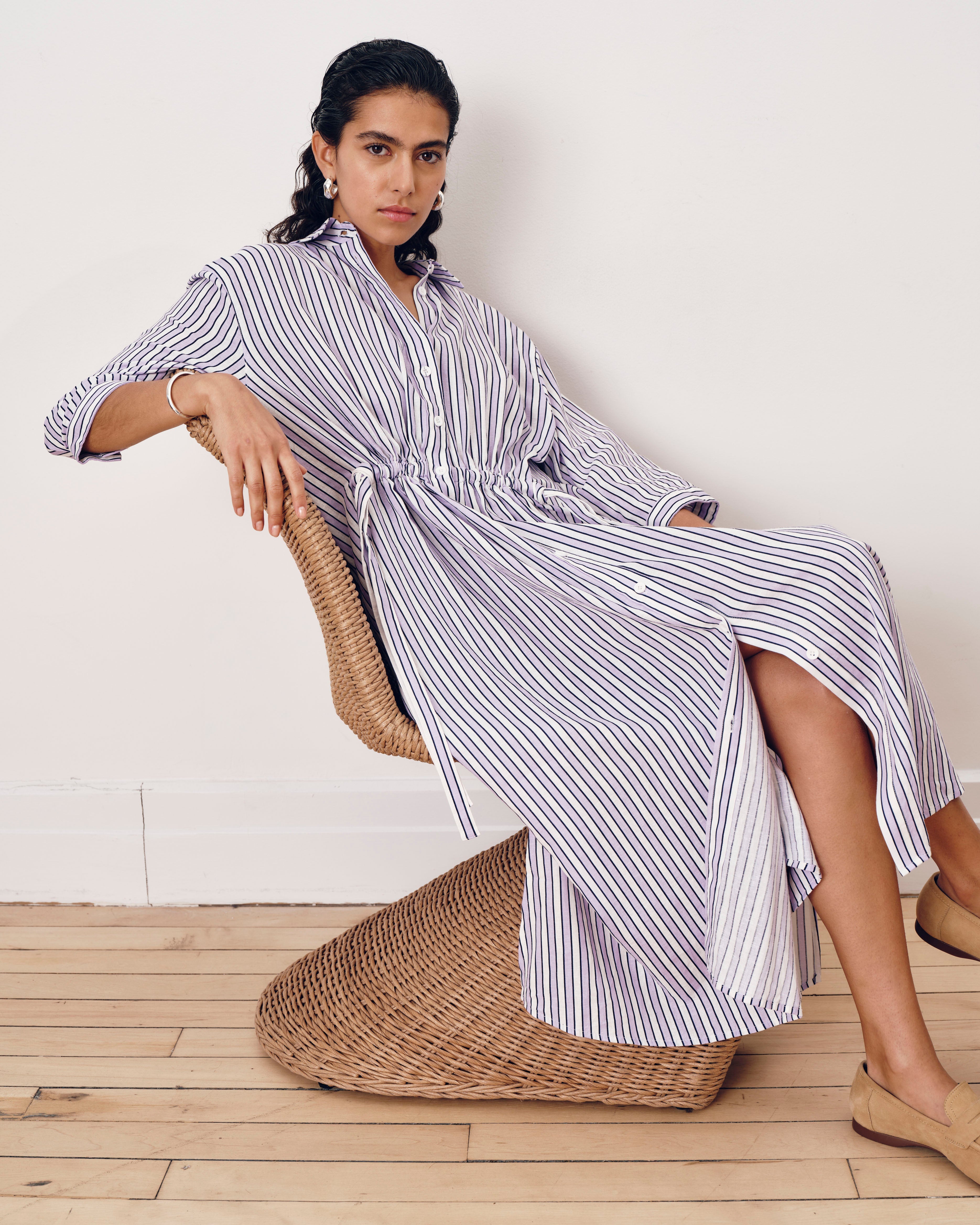 Paros Drawstring Linen Blend Shirtdress - Lilac Stripe Print