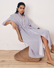 Paros Drawstring Linen Blend Shirtdress - Lilac Stripe Print