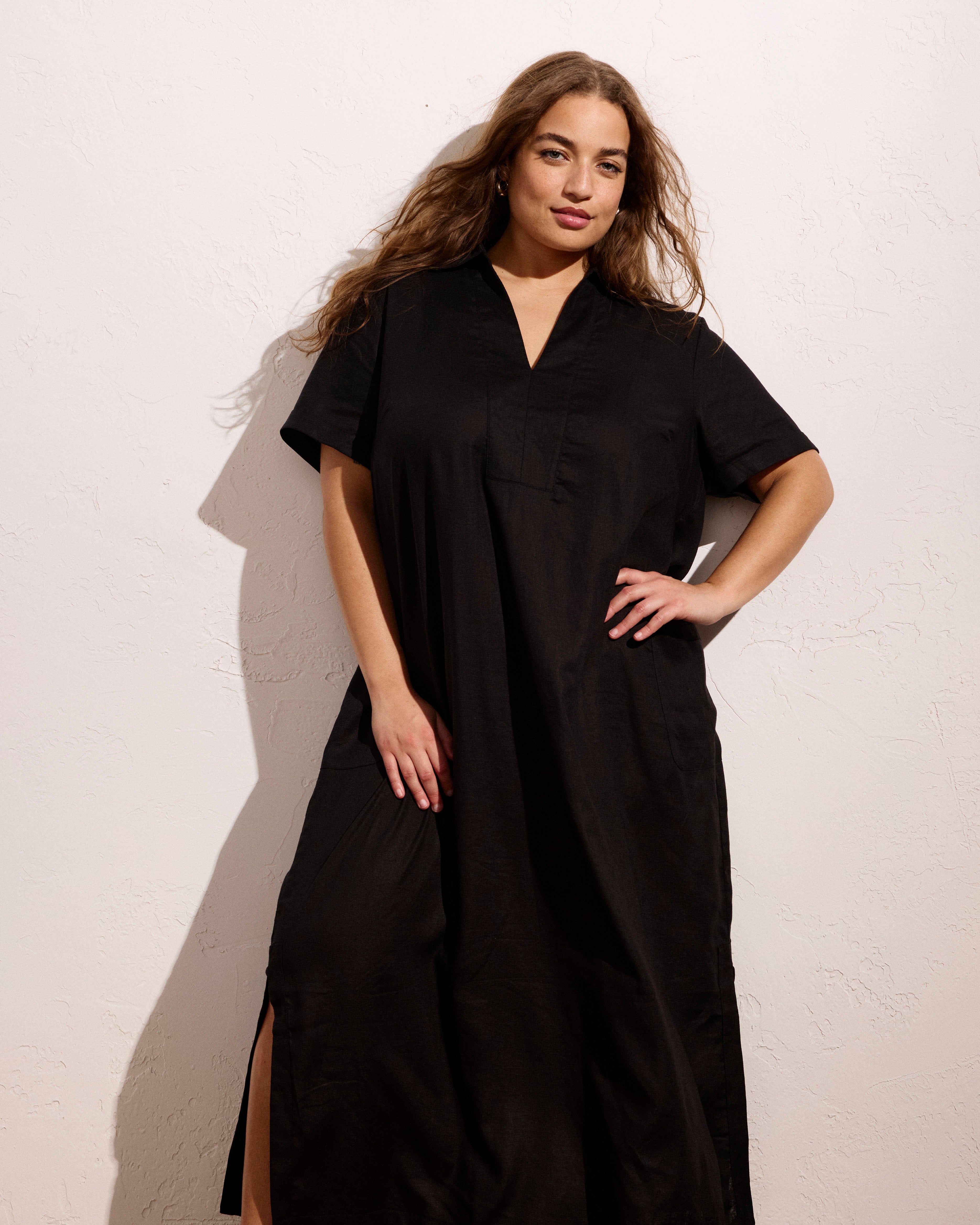 Padma Polo Neck Linen Blend Dress - Black