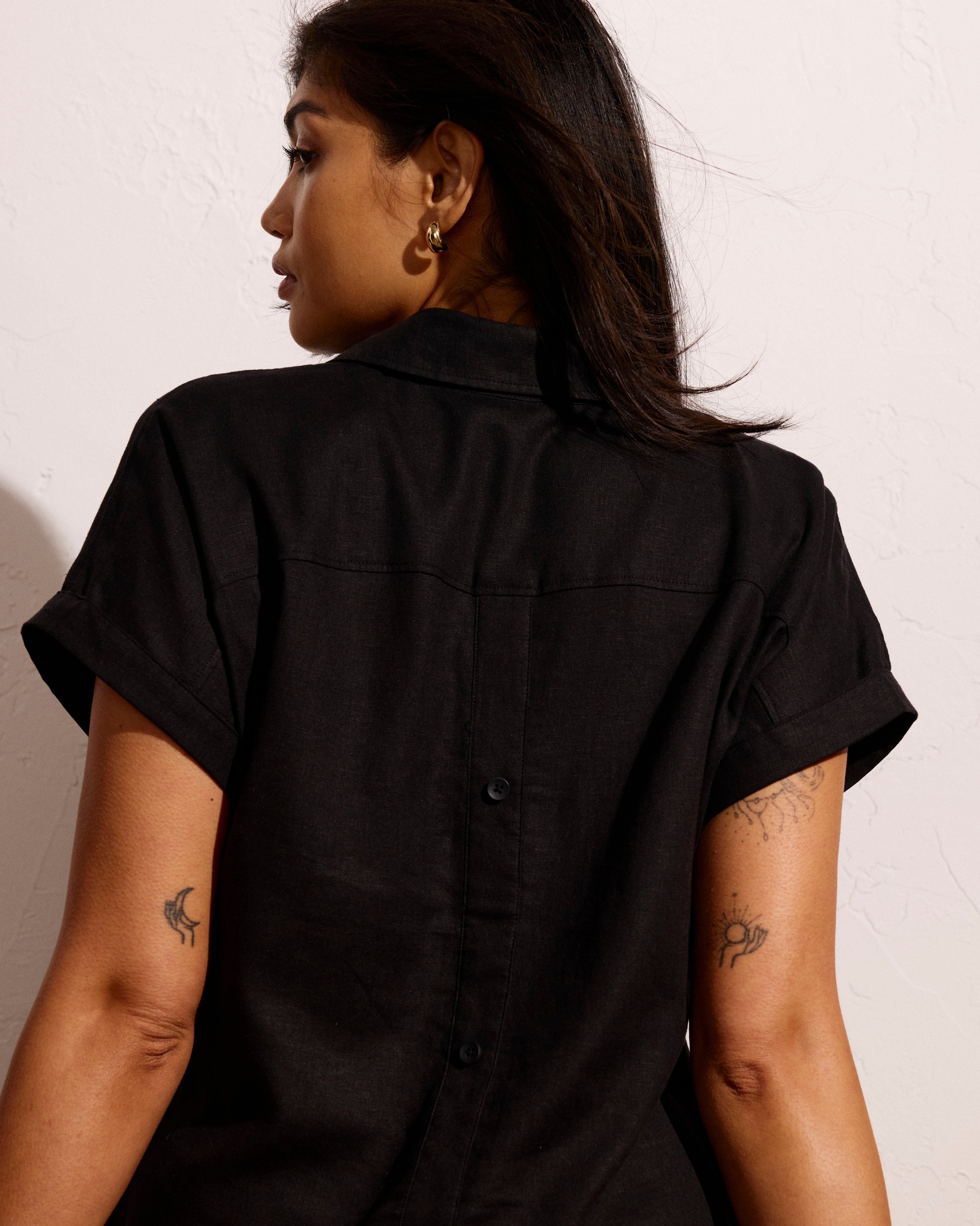 Sunshine Linen Blend Polo Dress - Black