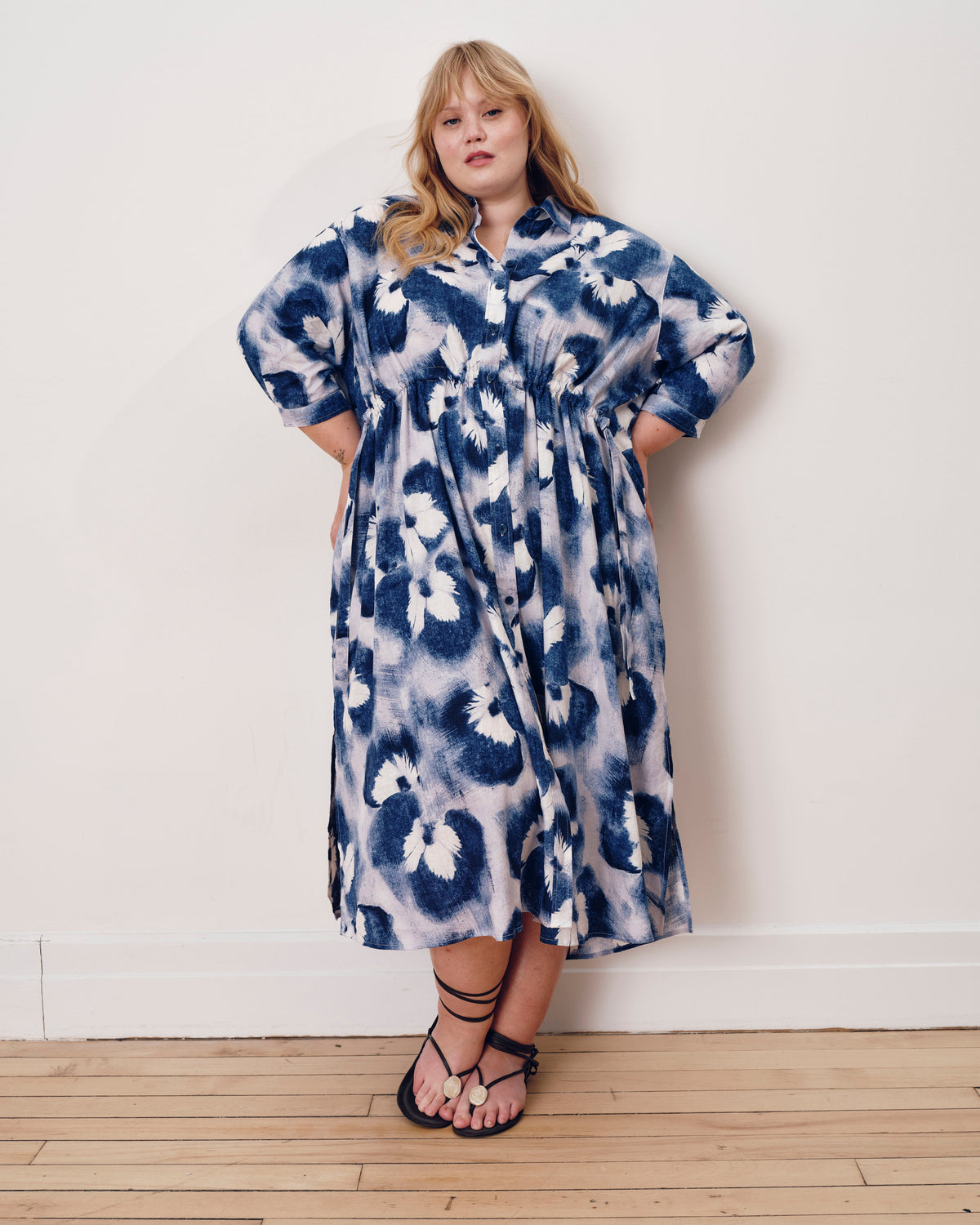 Paros Drawstring Linen Blend Shirtdress - Blue Pressed Flower Print