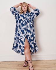 Paros Drawstring Linen Blend Shirtdress - Blue Pressed Flower Print