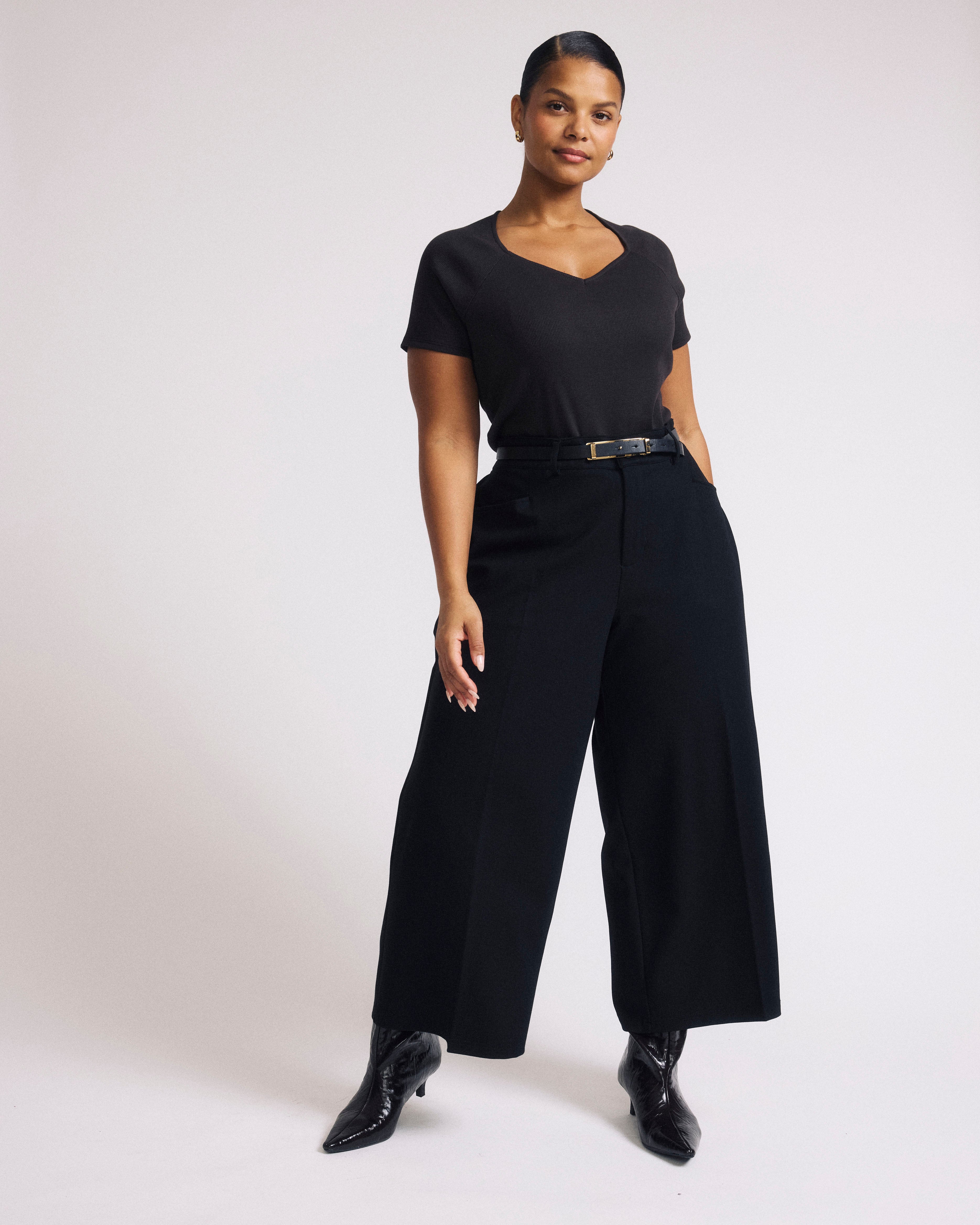 Cropped Wide Leg Ponte Pants - Black