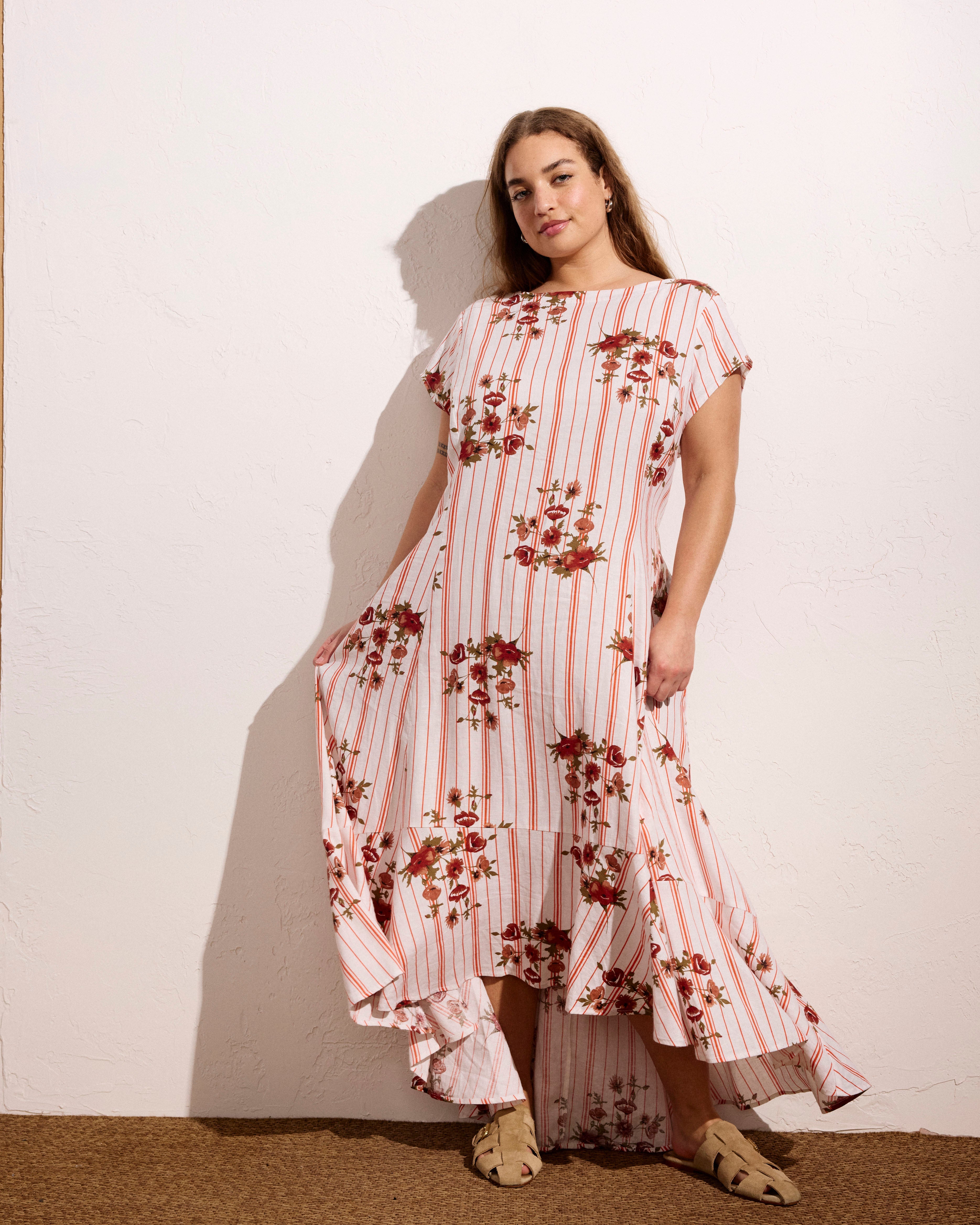 Sunset Linen Blend Flounce Dress - Wild Flower Bouquet Print on Stripes