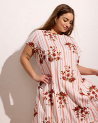 Sunset Linen Blend Flounce Dress - Wild Flower Bouquet Print on Stripes