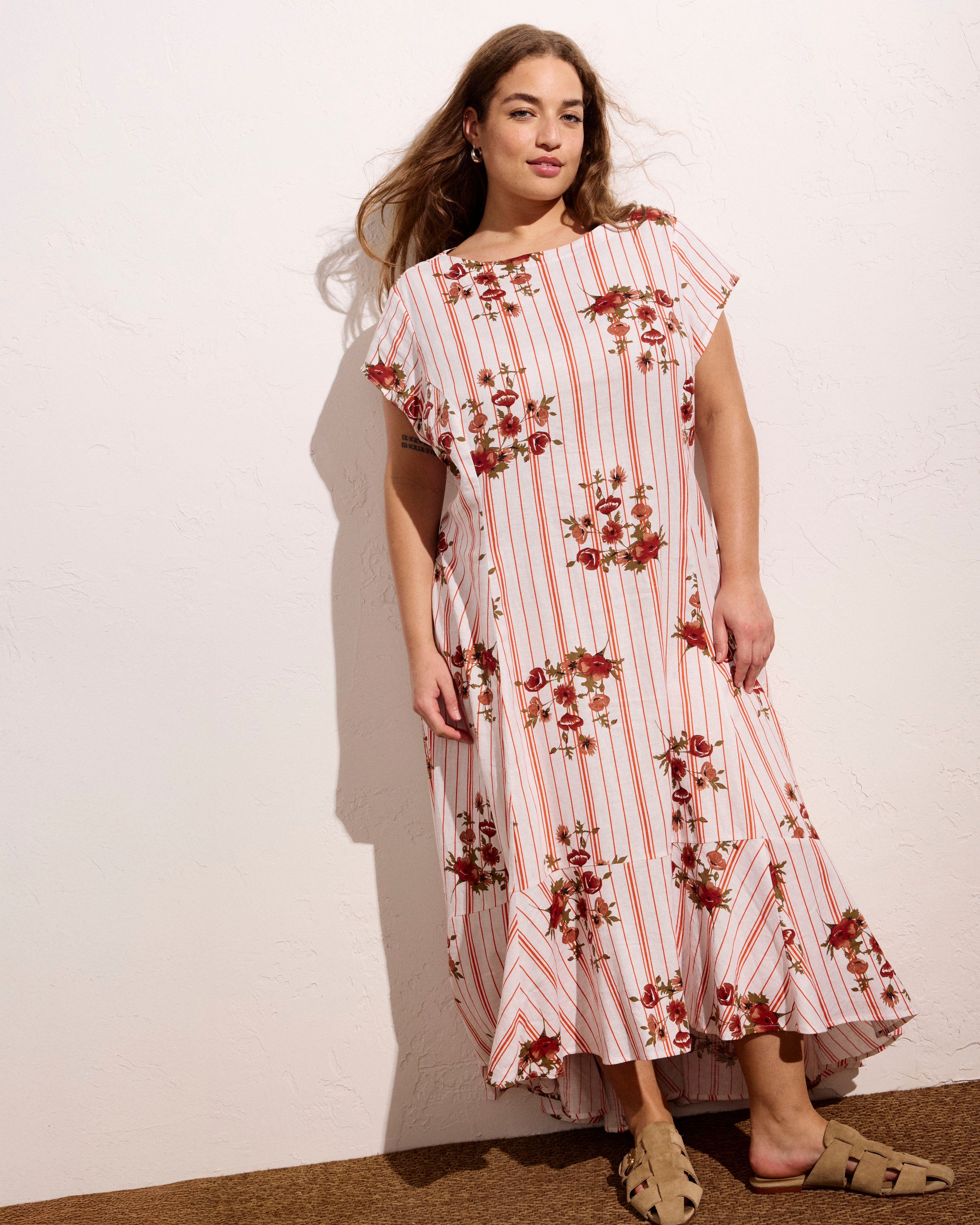 Sunset Linen Blend Flounce Dress - Wild Flower Bouquet Print on Stripes