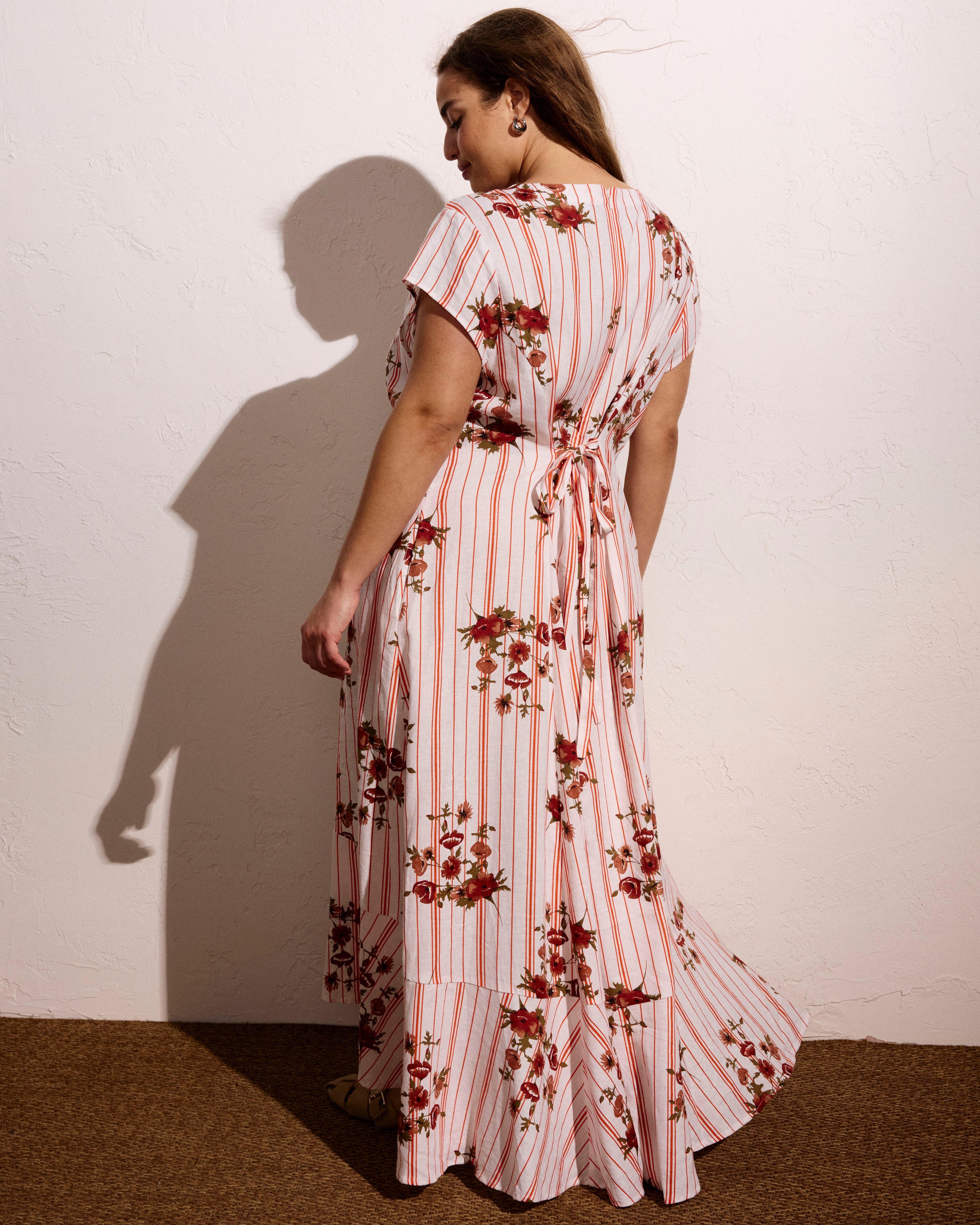 Sunset Linen Blend Flounce Dress - Wild Flower Bouquet Print on Stripes