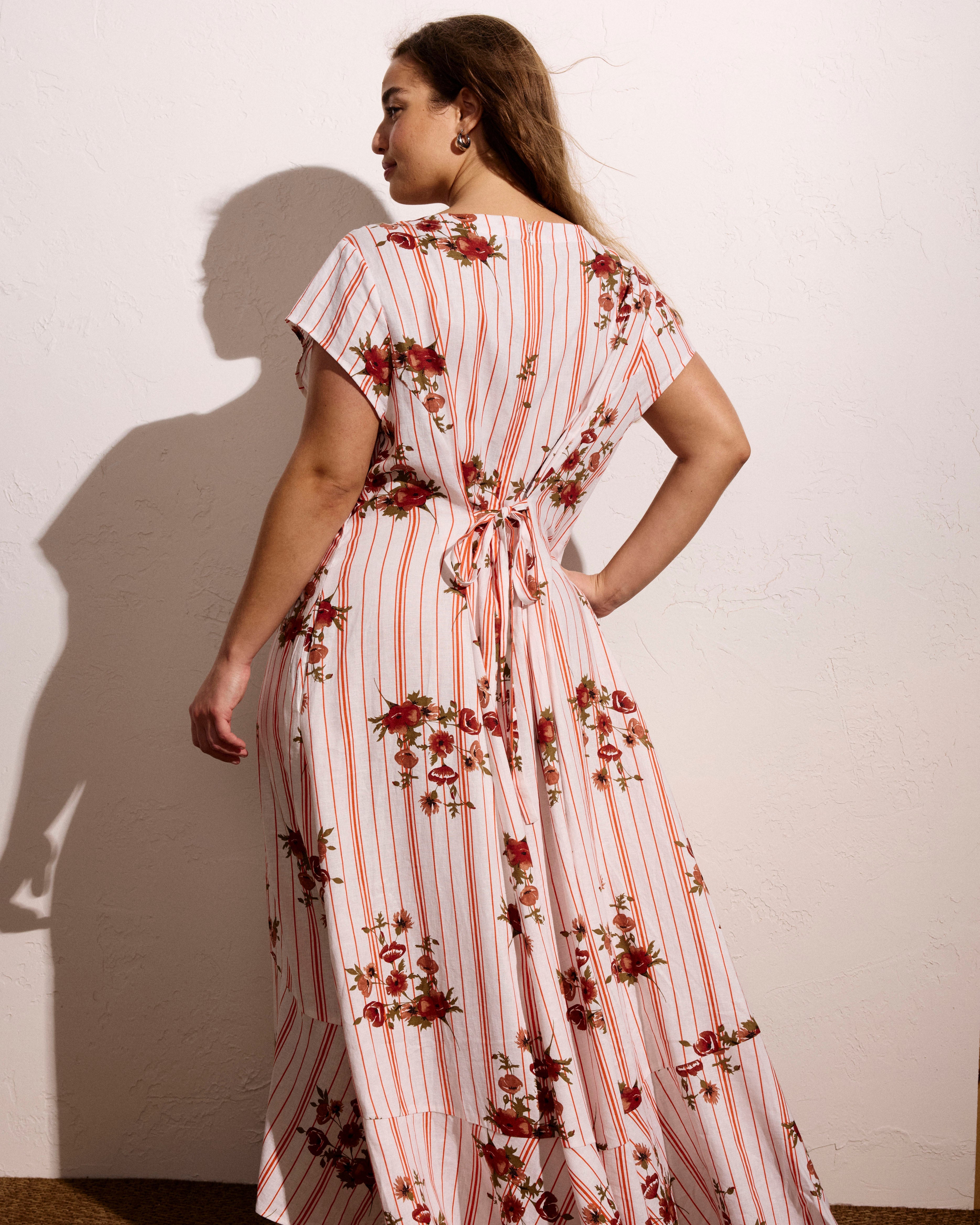 Sunset Linen Blend Flounce Dress - Wild Flower Bouquet Print on Stripes