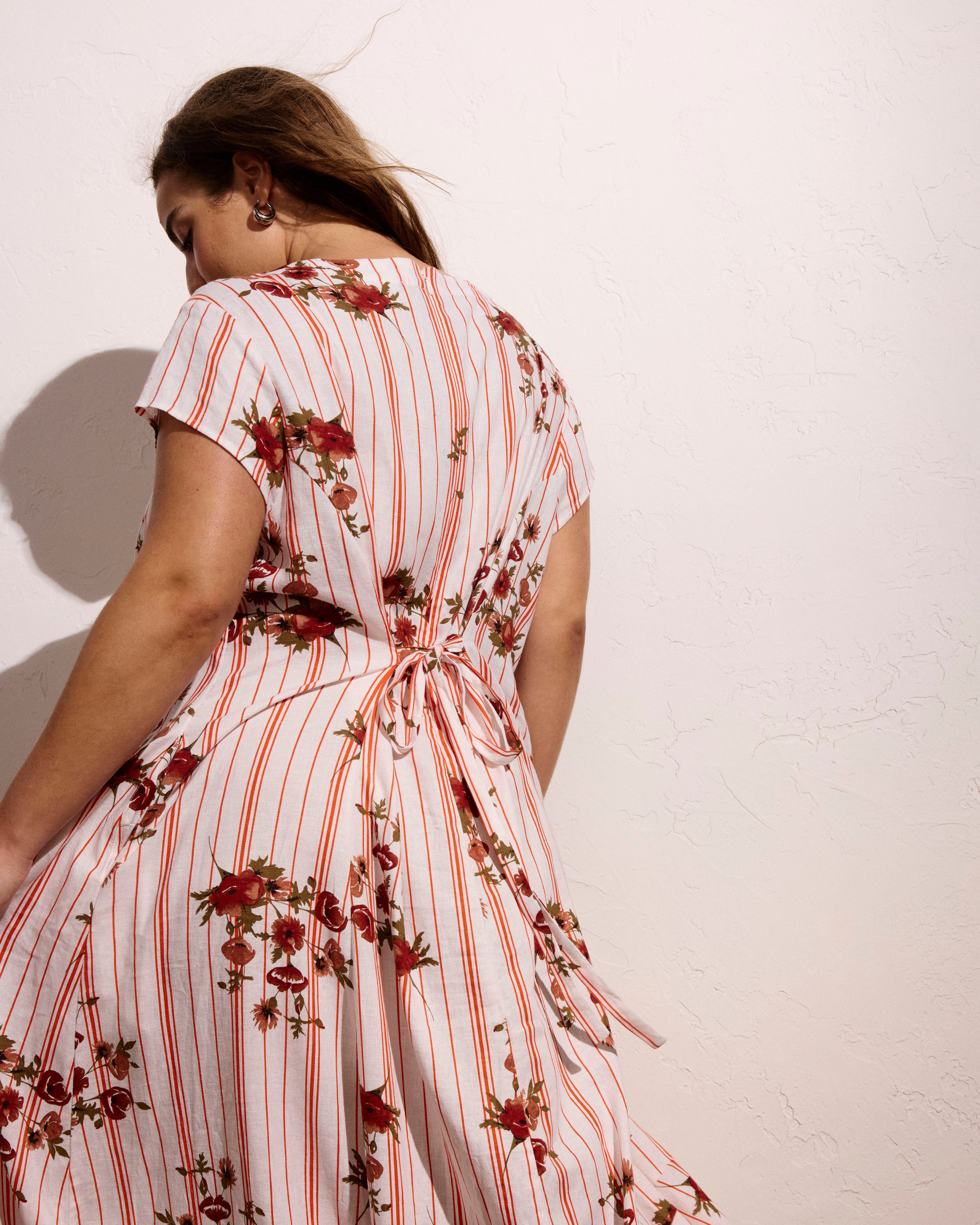 Sunset Linen Blend Flounce Dress - Wild Flower Bouquet Print on Stripes