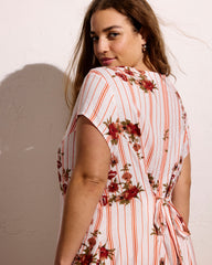 Sunset Linen Blend Flounce Dress - Wild Flower Bouquet Print on Stripes
