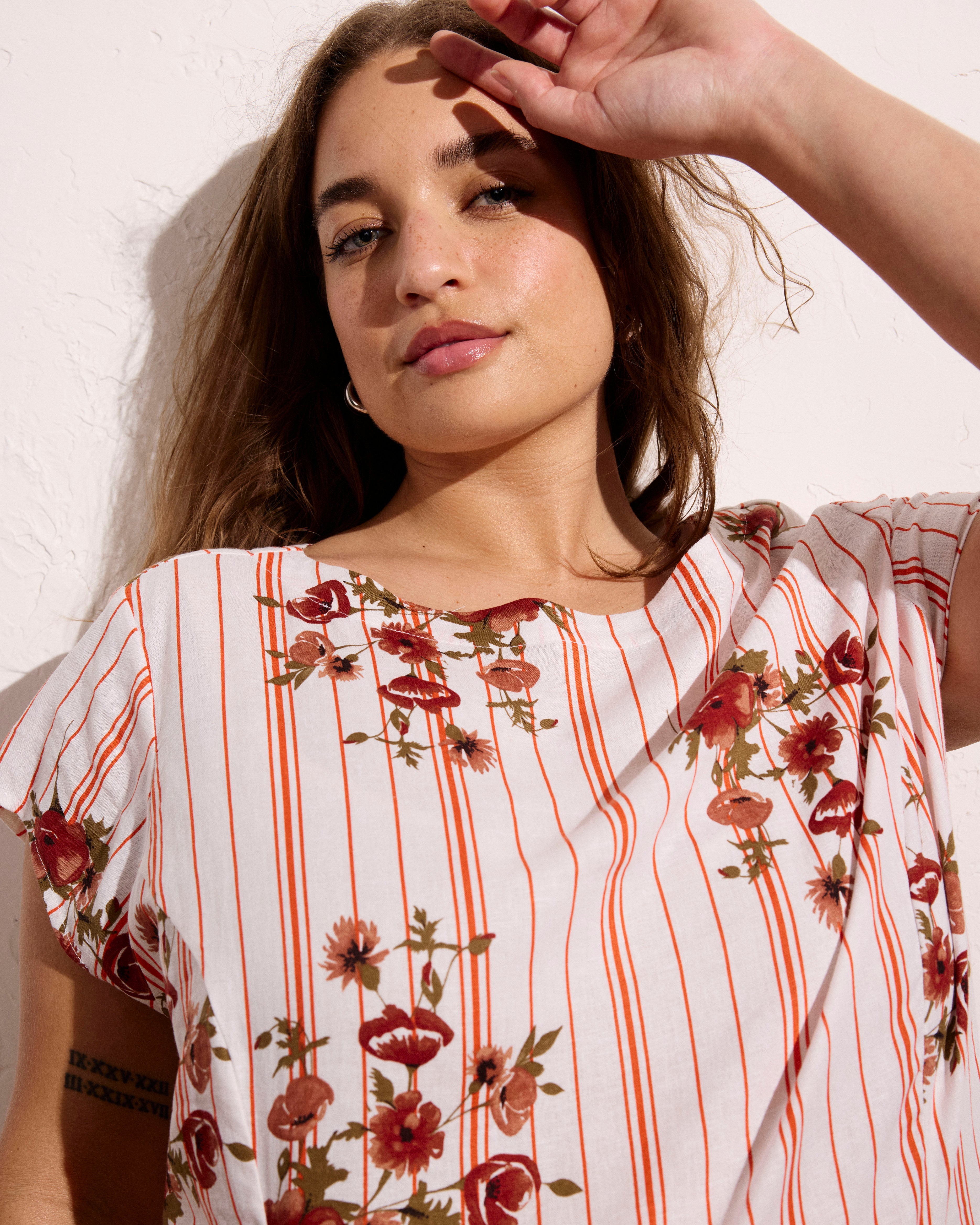 Sunset Linen Blend Flounce Dress - Wild Flower Bouquet Print on Stripes
