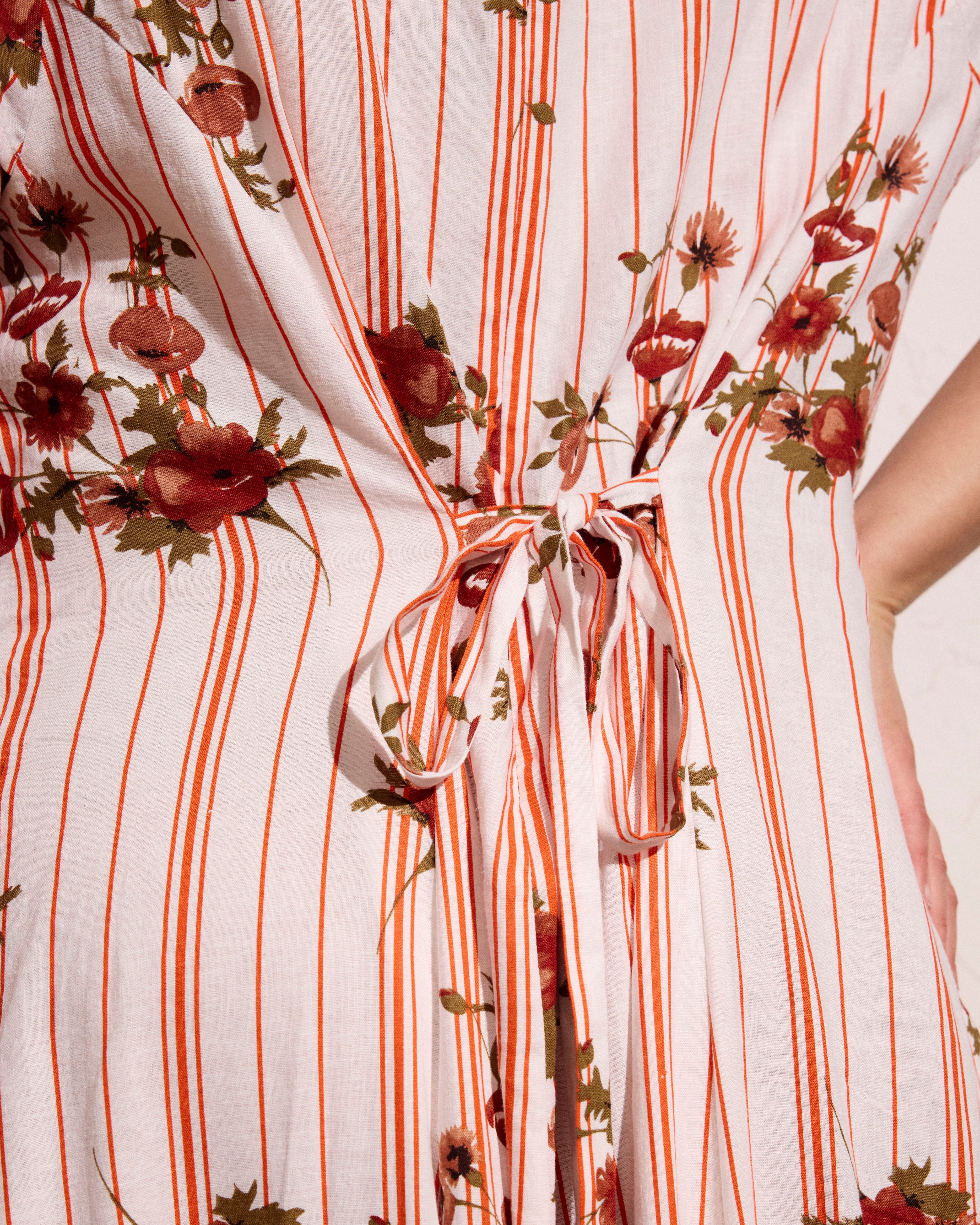 Sunset Linen Blend Flounce Dress - Wild Flower Bouquet Print on Stripes