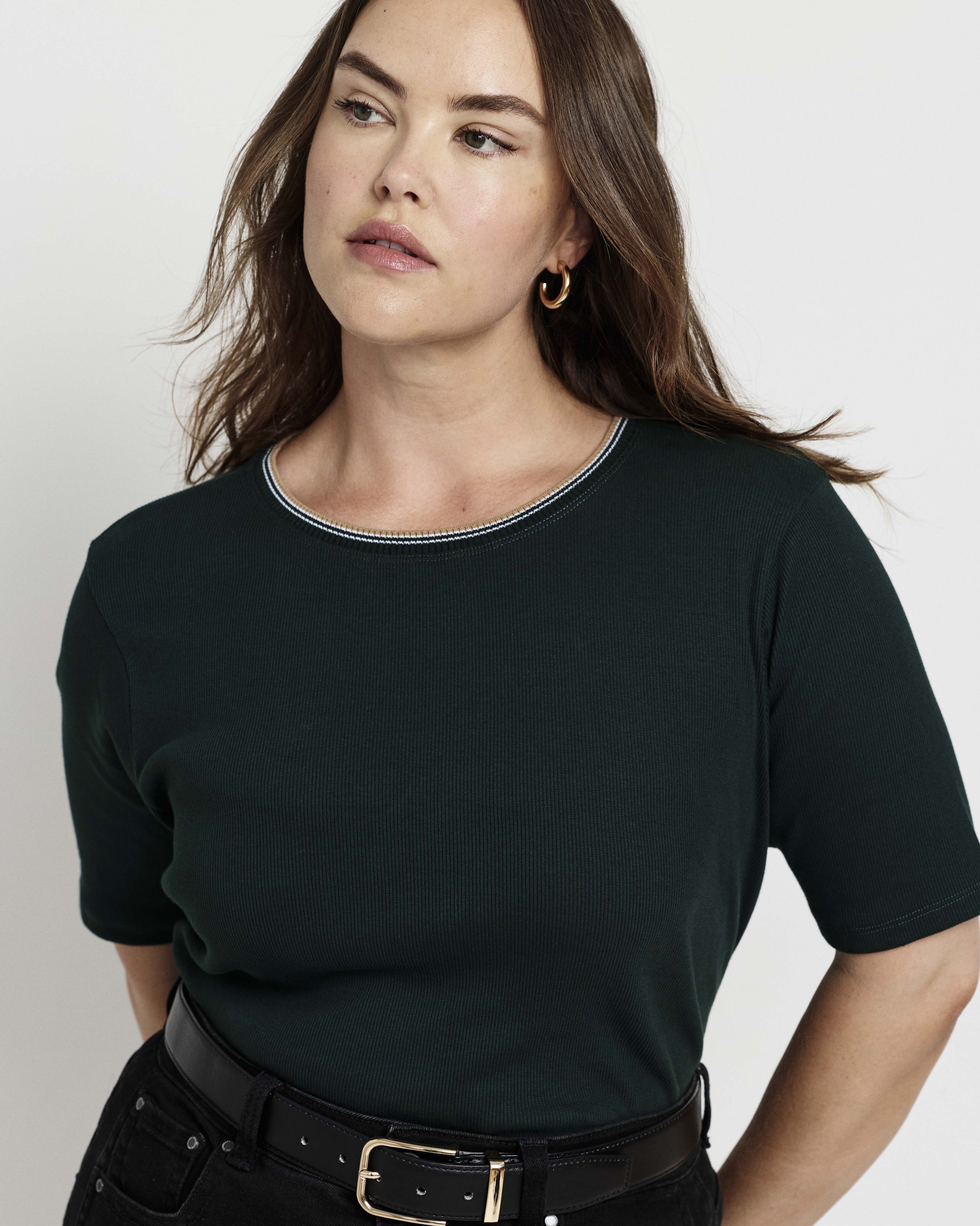 Classic Ribbed Tee - Forest Green/Striped Trim