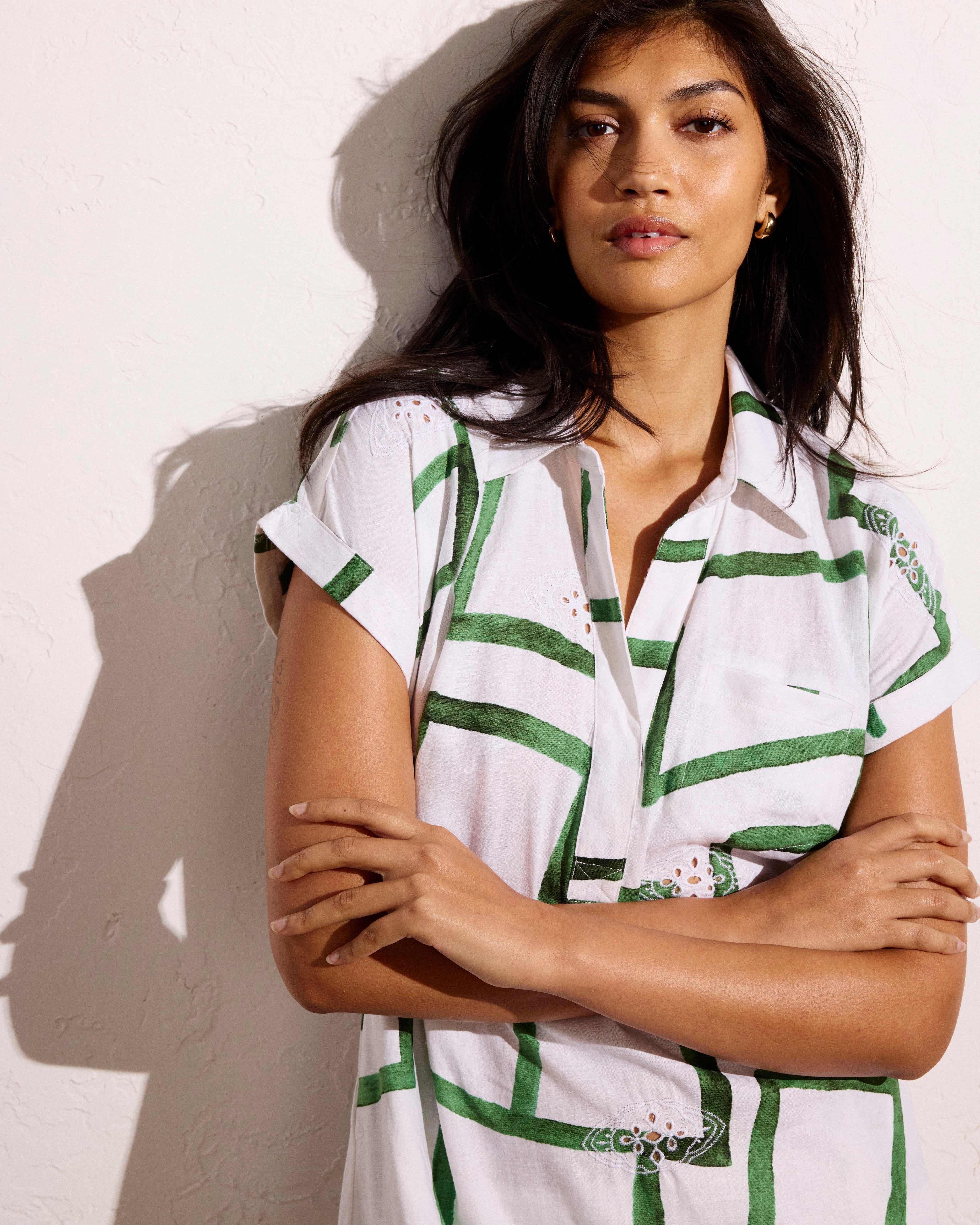 Sunshine Linen Blend Polo Dress - Green Paint Print
