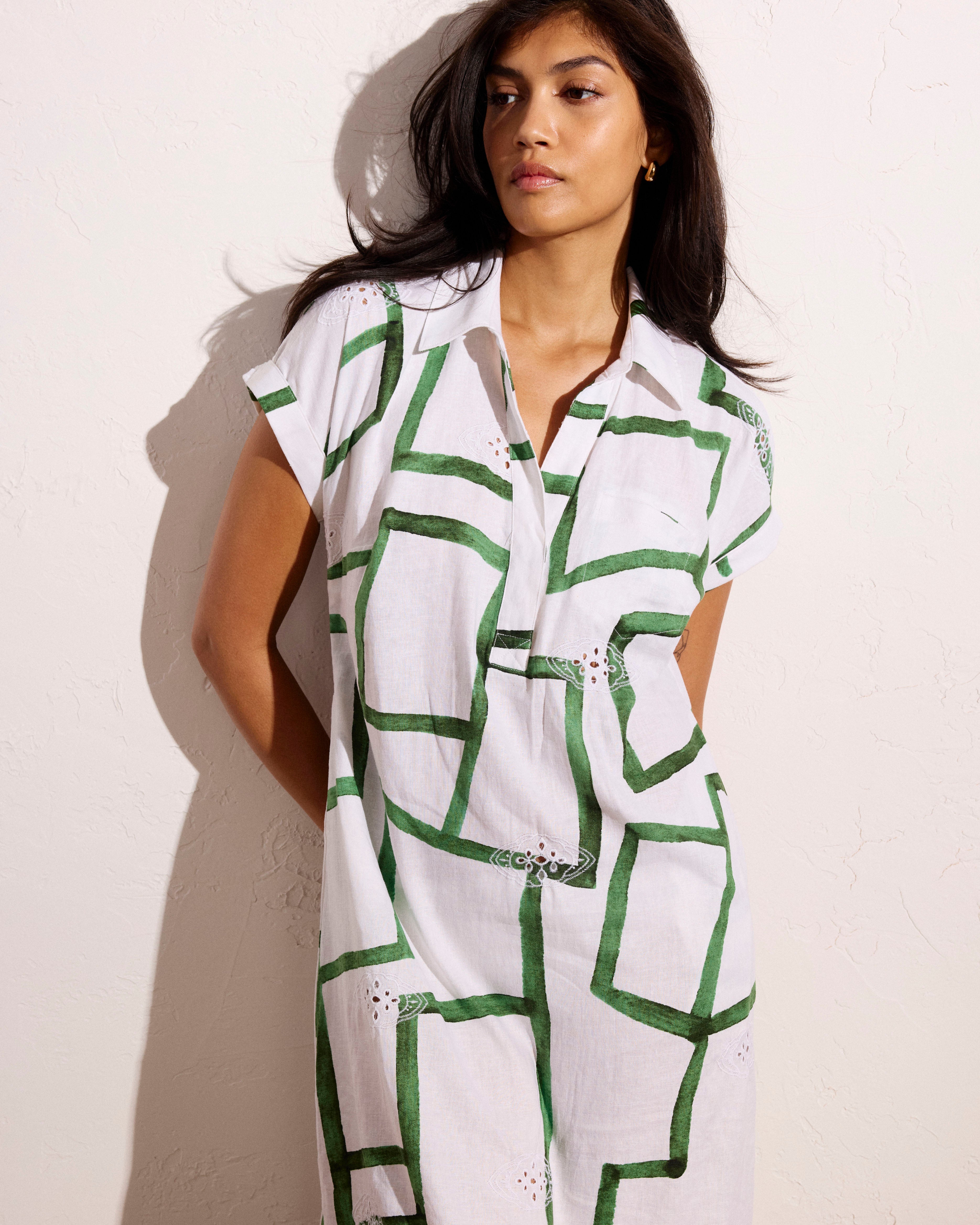 Sunshine Linen Blend Polo Dress - Green Paint Print