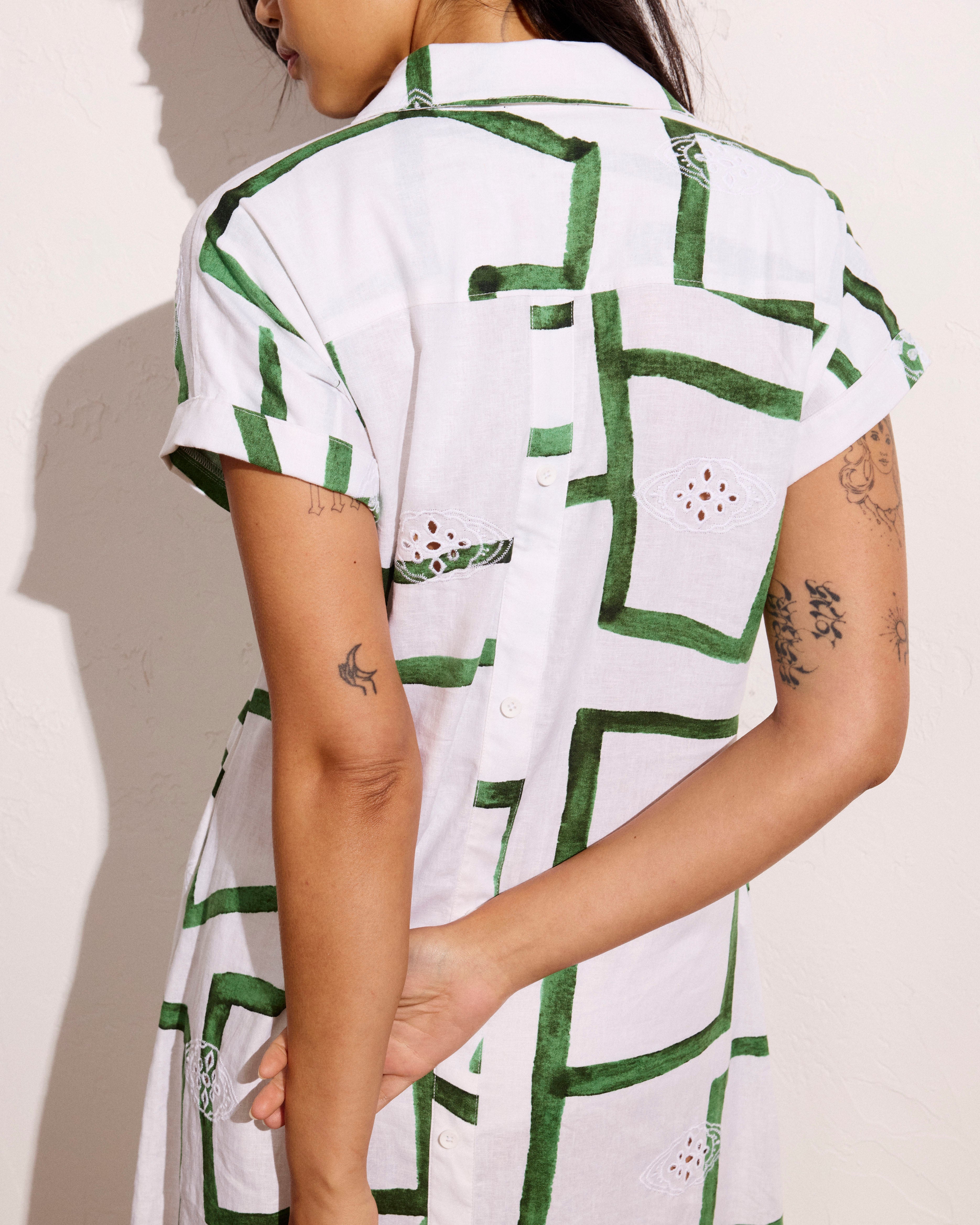 Sunshine Linen Blend Polo Dress - Green Paint Print