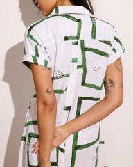 Sunshine Linen Blend Polo Dress - Green Paint Print
