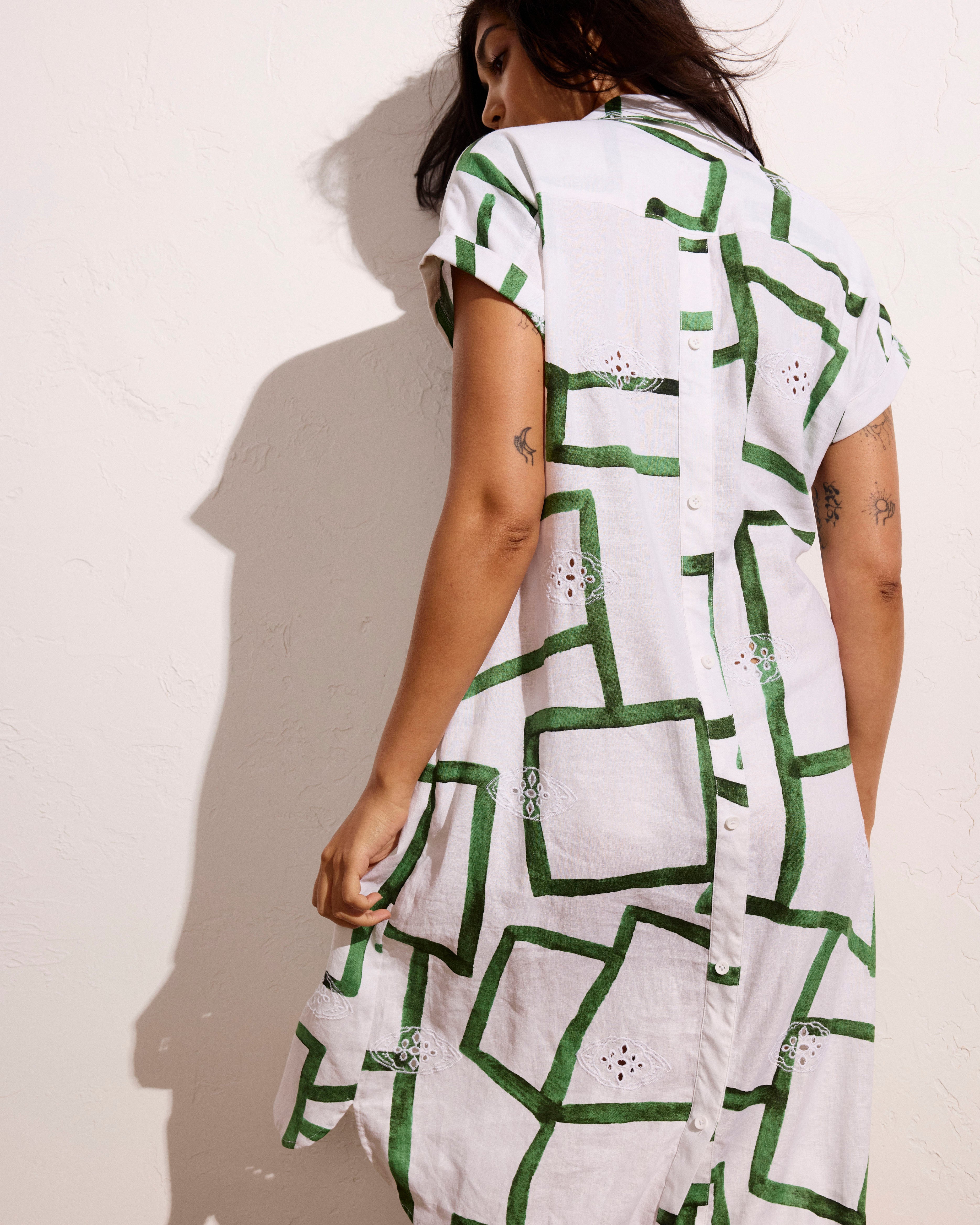 Sunshine Linen Blend Polo Dress - Green Paint Print