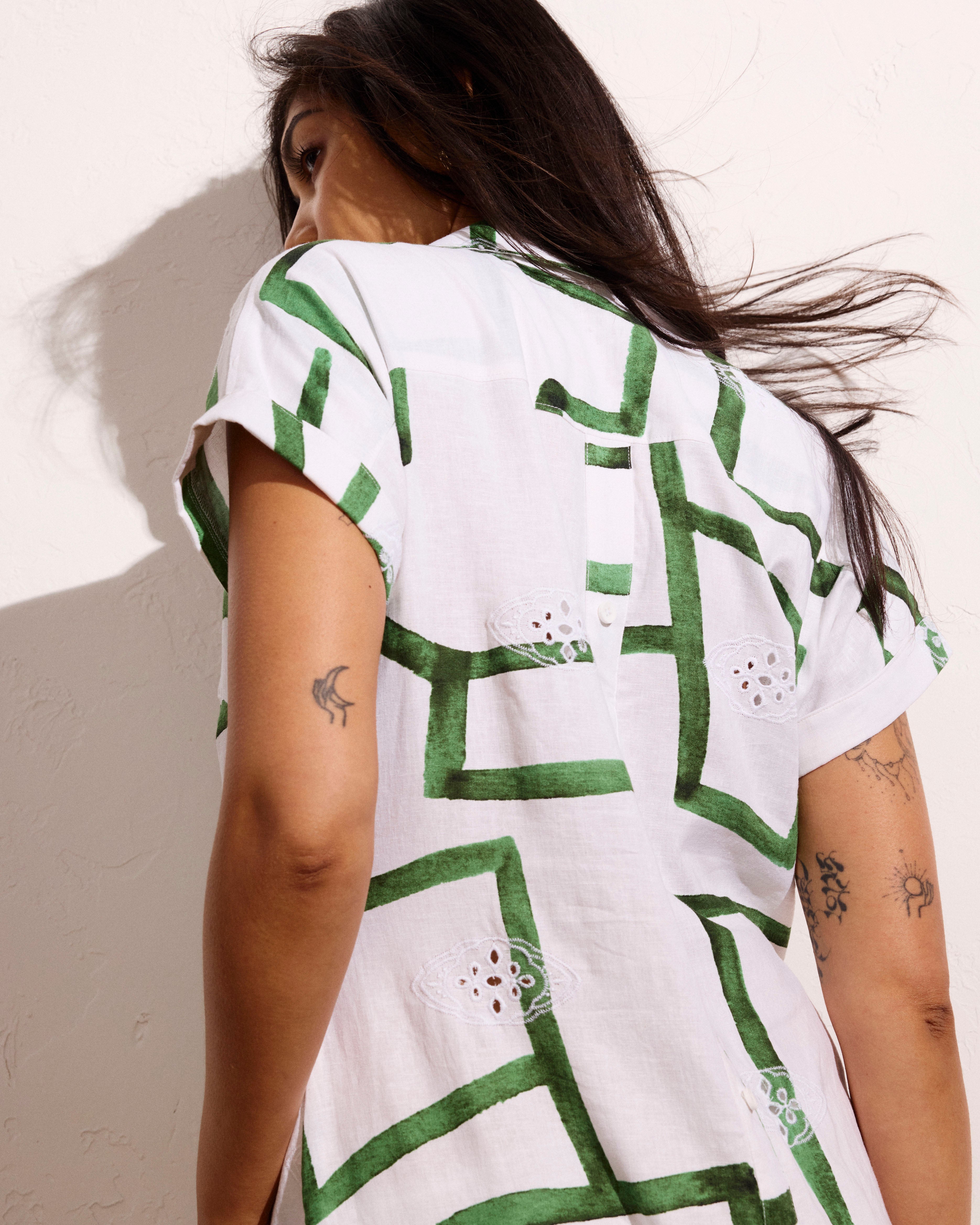 Sunshine Linen Blend Polo Dress - Green Paint Print