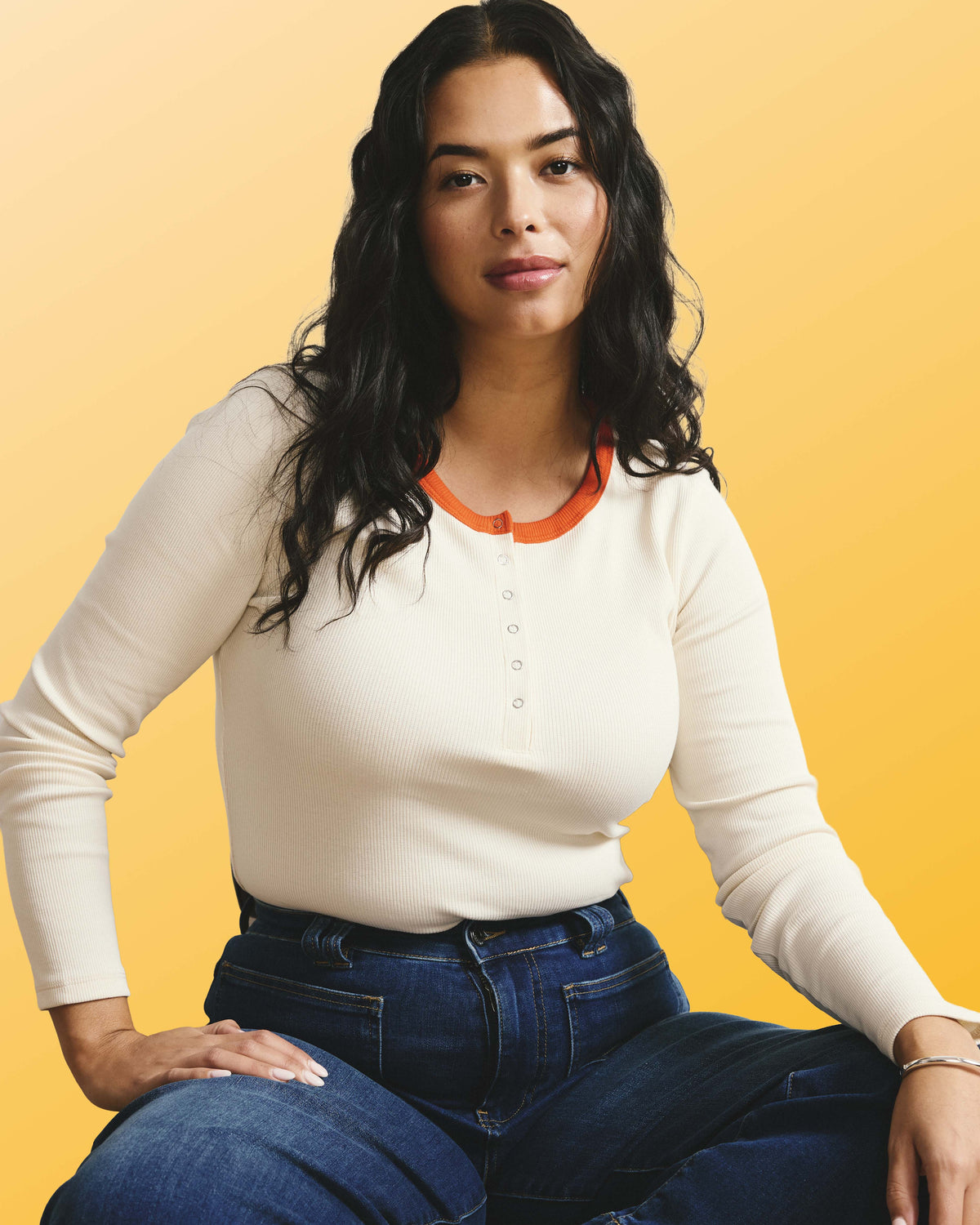 Henley Long Sleeve Ribbed Tee - Chamomile/Poppy Trim