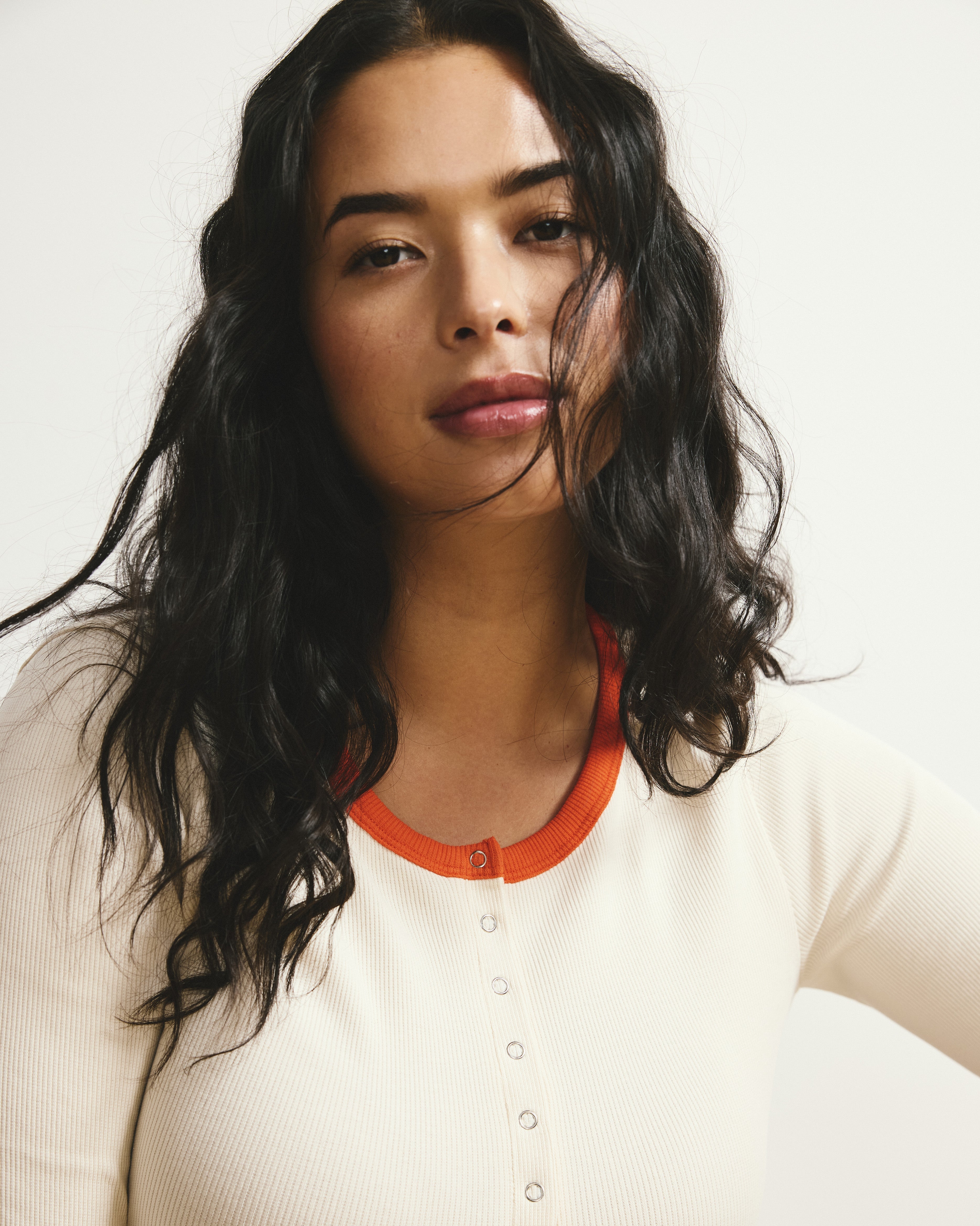 Henley Long Sleeve Ribbed Tee - Chamomile/Poppy Trim