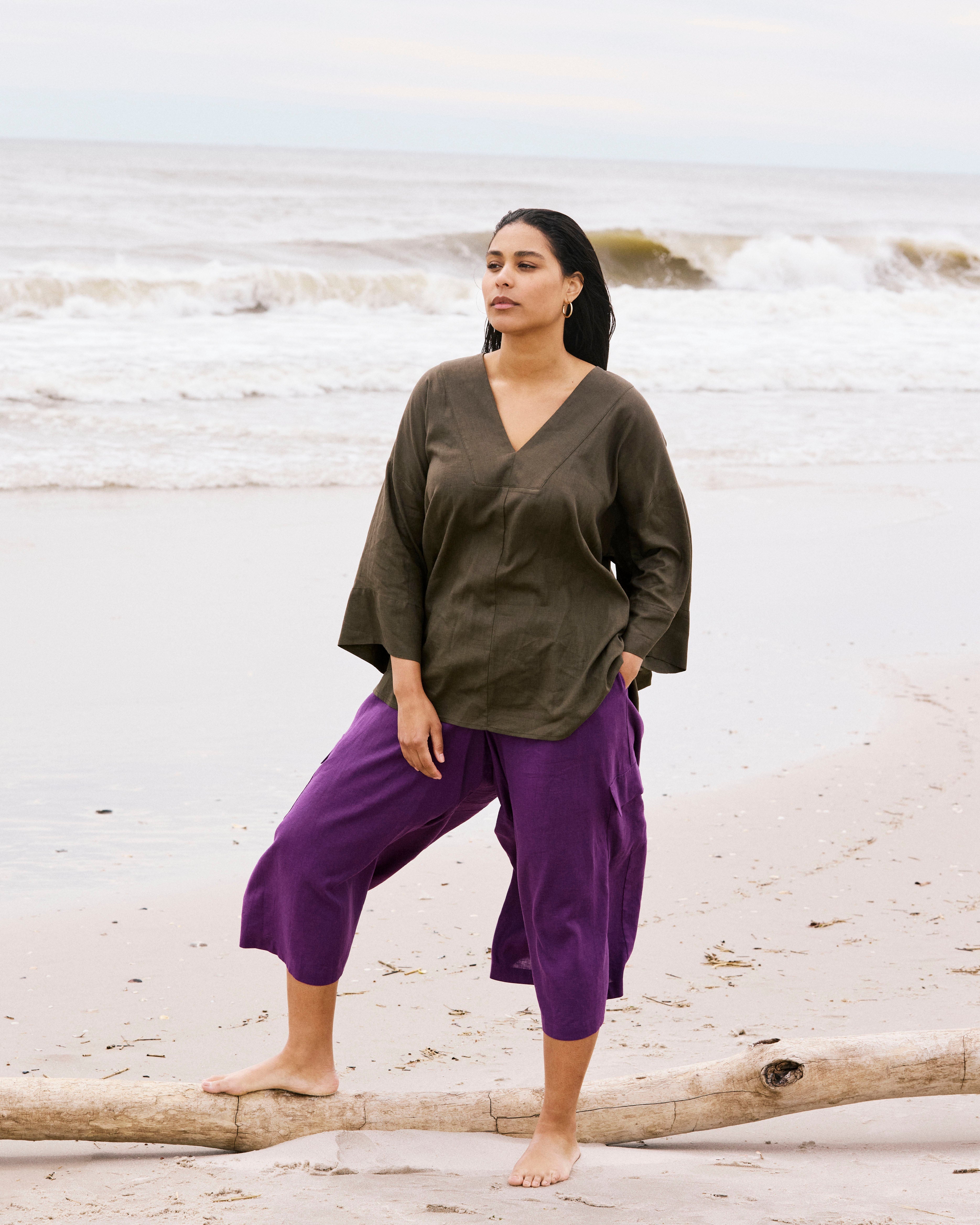 Elio V-Neck Linen Blend Top - Camo